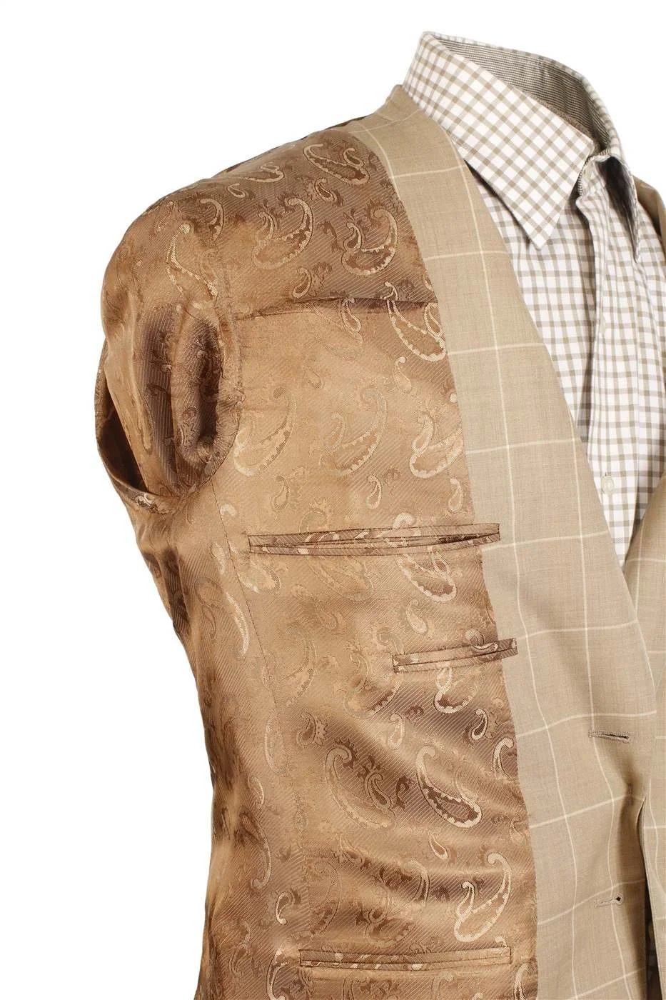 Open tan check jacket showing a gold paisley lining and inside pockets