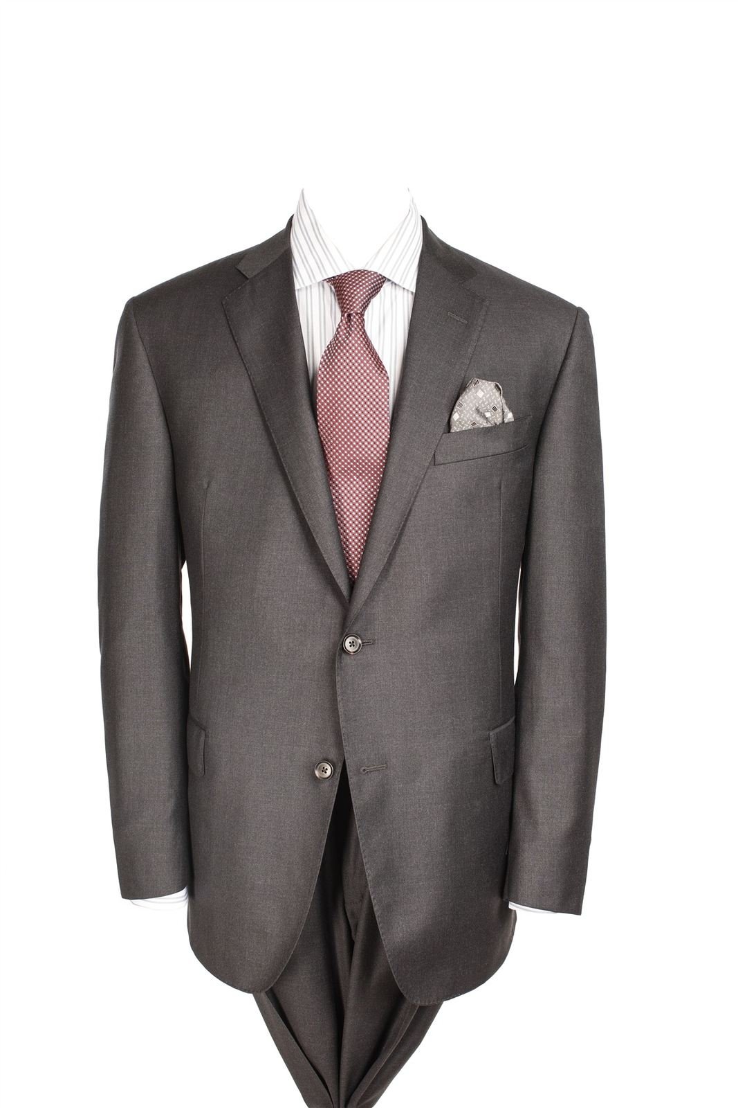 Charcoal two-button business suit with a mauve tie and white pocket square
