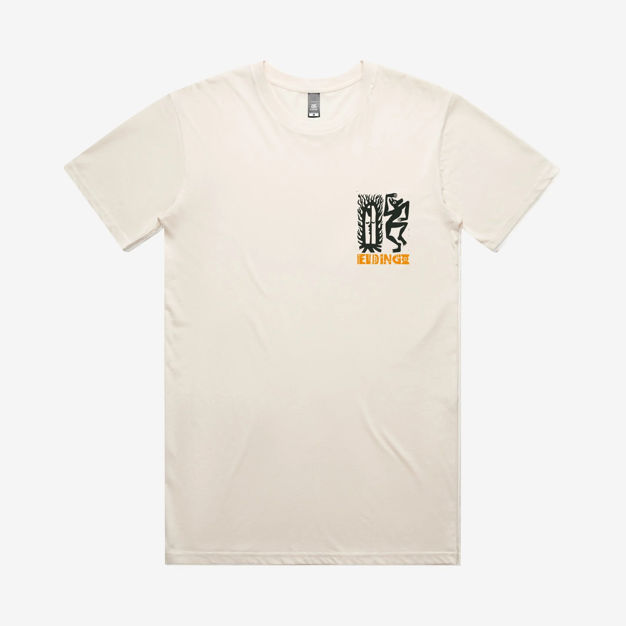 olddog onalog collaboration with el dingo lino print design screen printed onto shirt