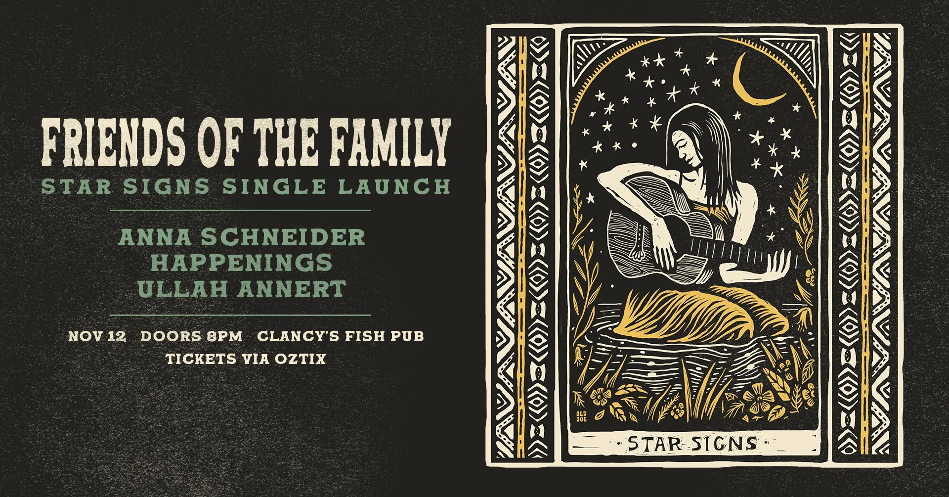 Poster art for fremantle band Friends Of The Family by Olddog Onalog