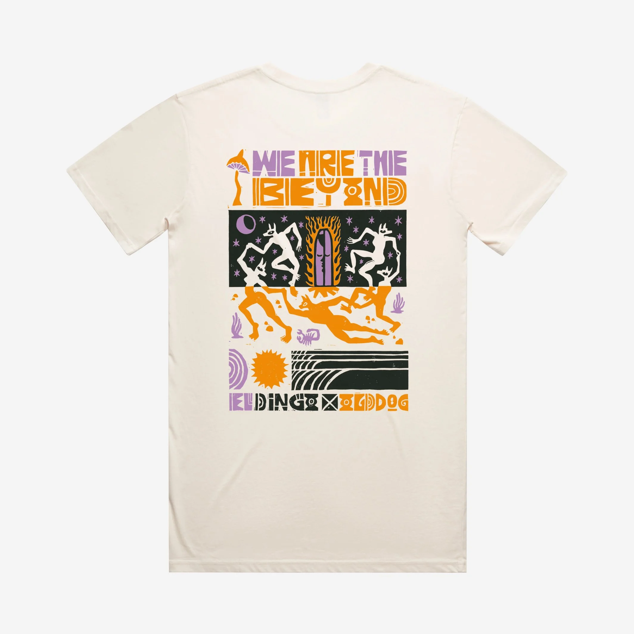 olddog onalog collaboration with el dingo lino print design screen printed onto shirt