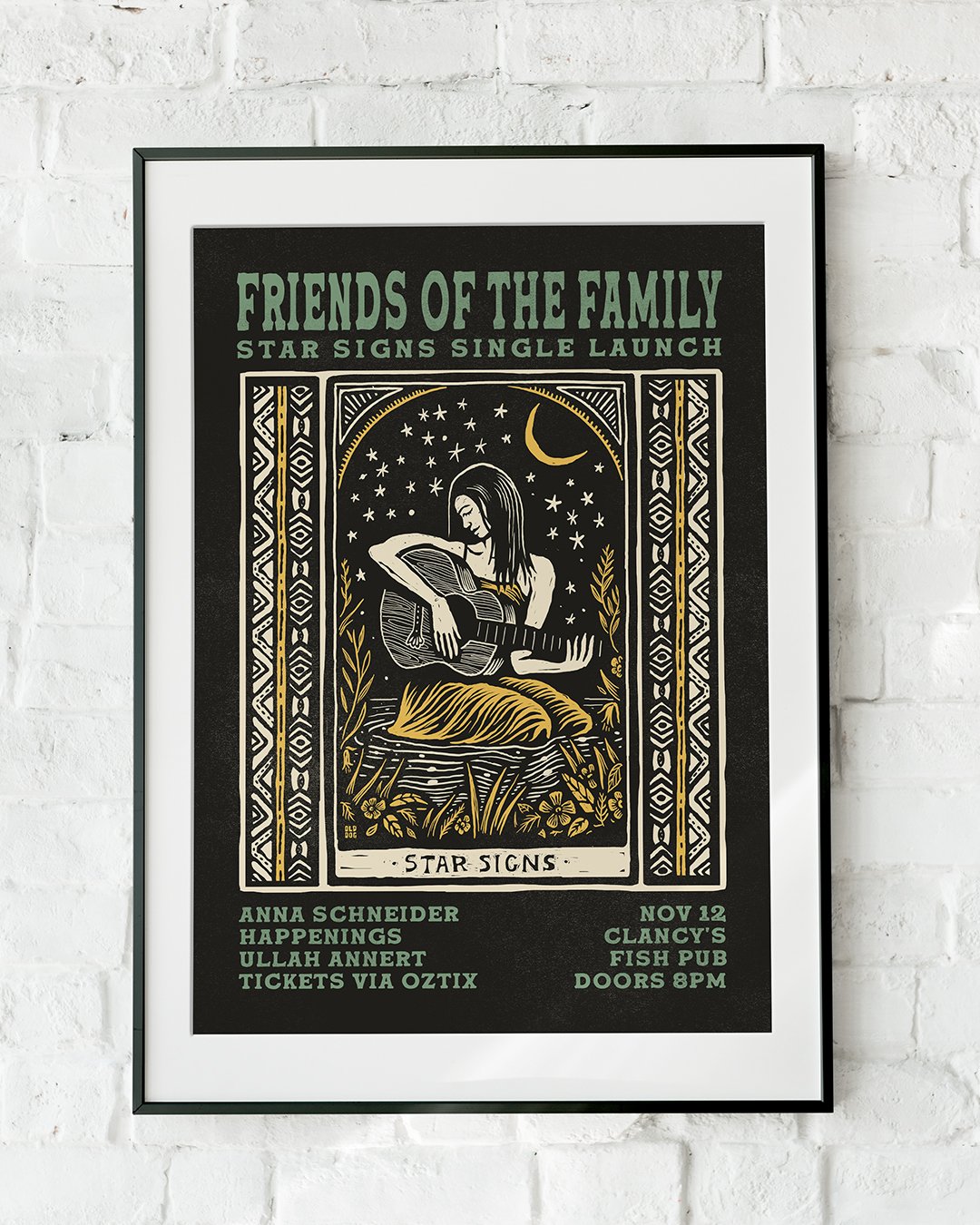 Poster art for fremantle band Friends Of The Family by Olddog Onalog