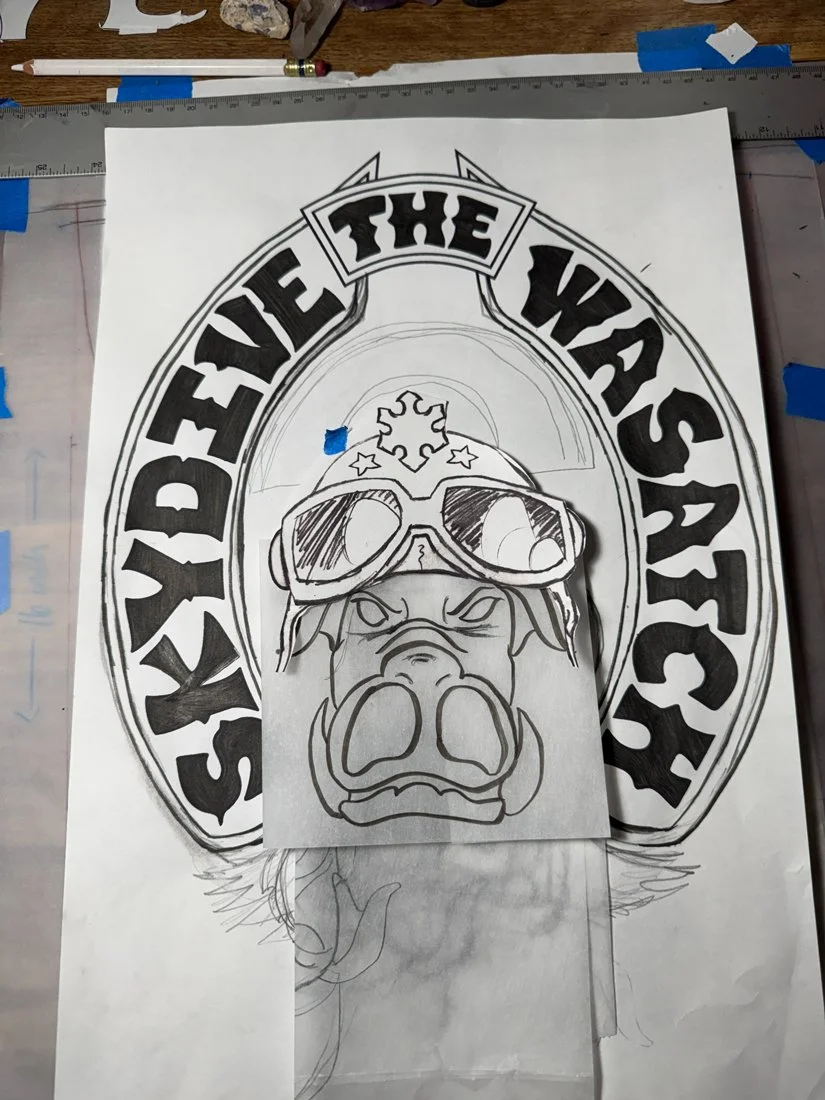 Skydive the Wasatch sketch illustration Pigs and parachutes