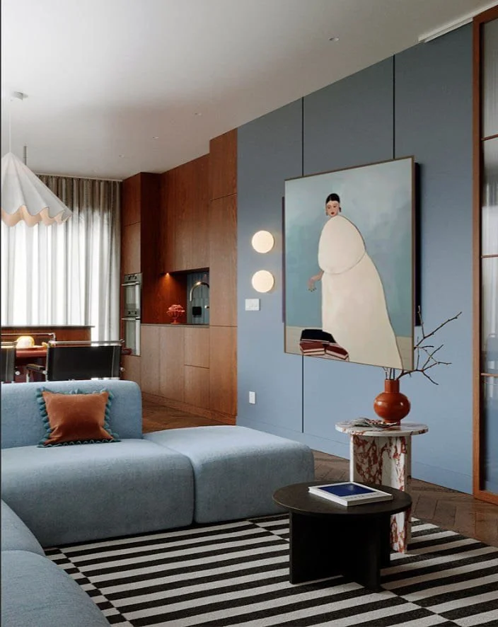 🎨 Besoin de votre avis !
Je travaille actuellement sur deux visualisations 3D pour un int&eacute;rieur contemporain, et j&rsquo;h&eacute;site entre deux ambiances tr&egrave;s diff&eacute;rentes pour le tableau principal du salon.
👉 Option 1 : Ton s