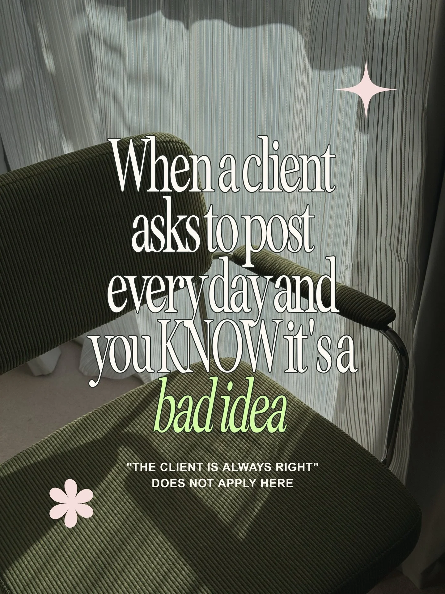the number of times I&rsquo;ve had to have THIS conversation as a freelance social media manager 😅

&amp; i get it, the client is excited &amp; they want to grow. 

they&rsquo;ve been told that showing up every day is the move 🙄

But there&rsquo;s 