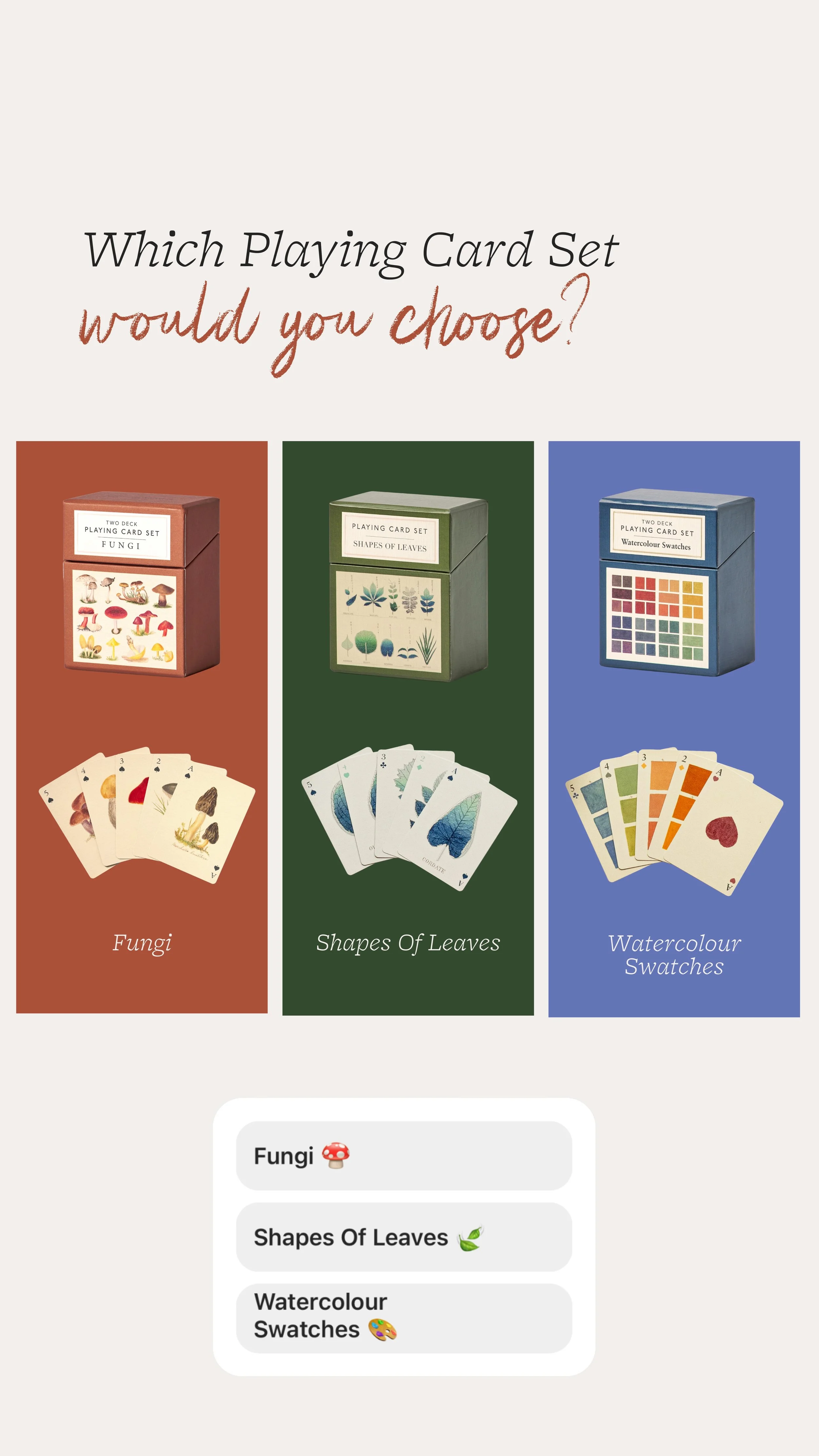 Selection screen showing three options for matching card sets: Fungi, Shapes of Leaves, and Watercolour Swatches, with associated images and emojis.