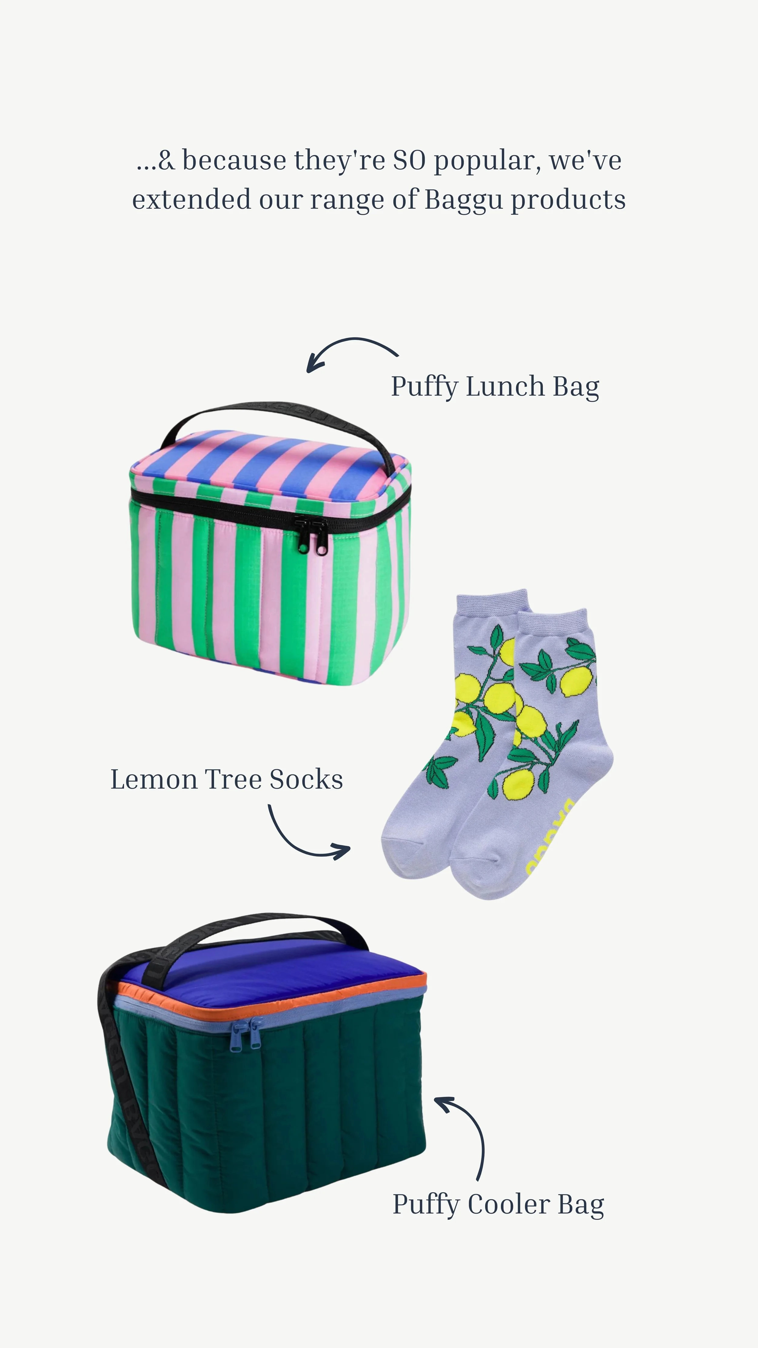 A colorful promotional image showcasing two bags and a pair of socks. The puffy lunch bag has pink, green, and purple stripes, while the puffy cooler bag features green with blue, orange, and purple accents. The socks are light gray with a lemon tree design.