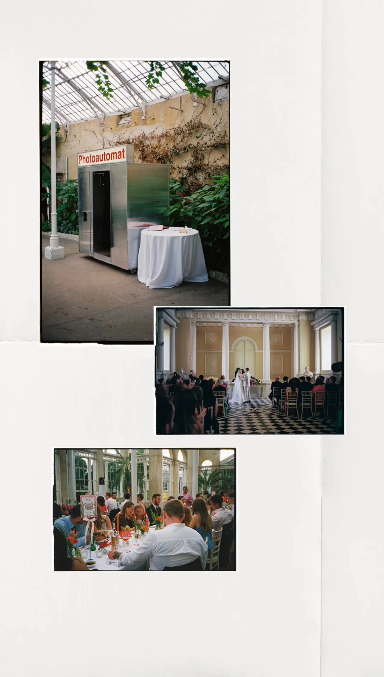 A photo booth labeled 'Photoautomat' inside a greenhouse or conservatory. Inset photo shows a wedding ceremony with a bride and groom standing before an officiant in an elegant hall. Bottom inset photo depicts a group of people dining at a wedding reception in a sunlit conservatory with large windows and green plants.