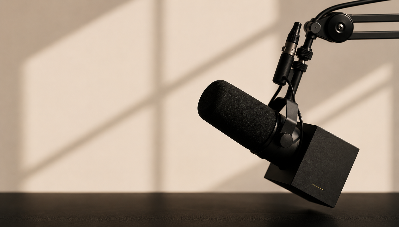 Close-up of a professional microphone mounted on a boom arm against a plain wall.