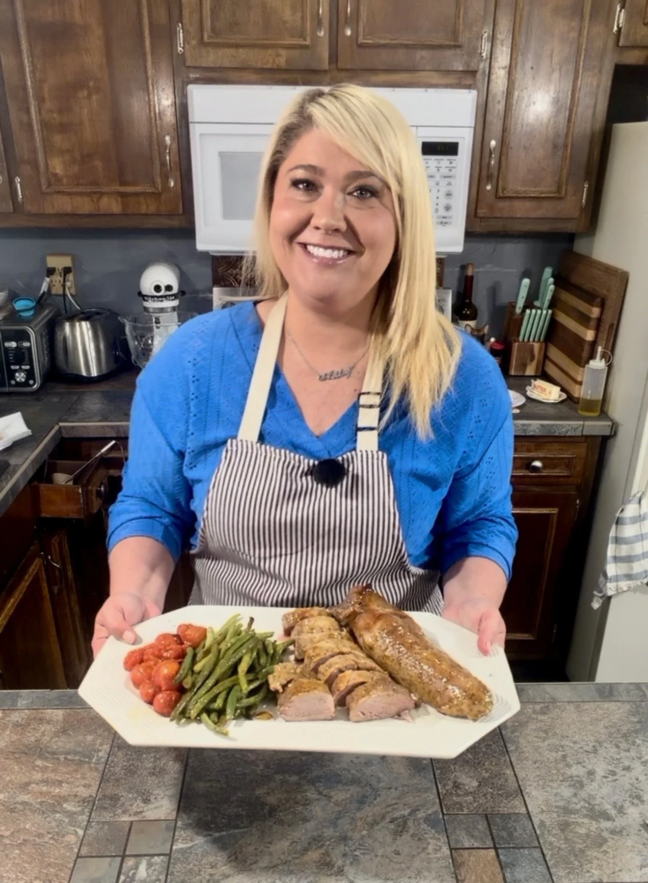 Sheet Pan Dijon, Creole Mustard, and Honey Pork Tenderloin with Green Beans and Cherry Tomatoes
