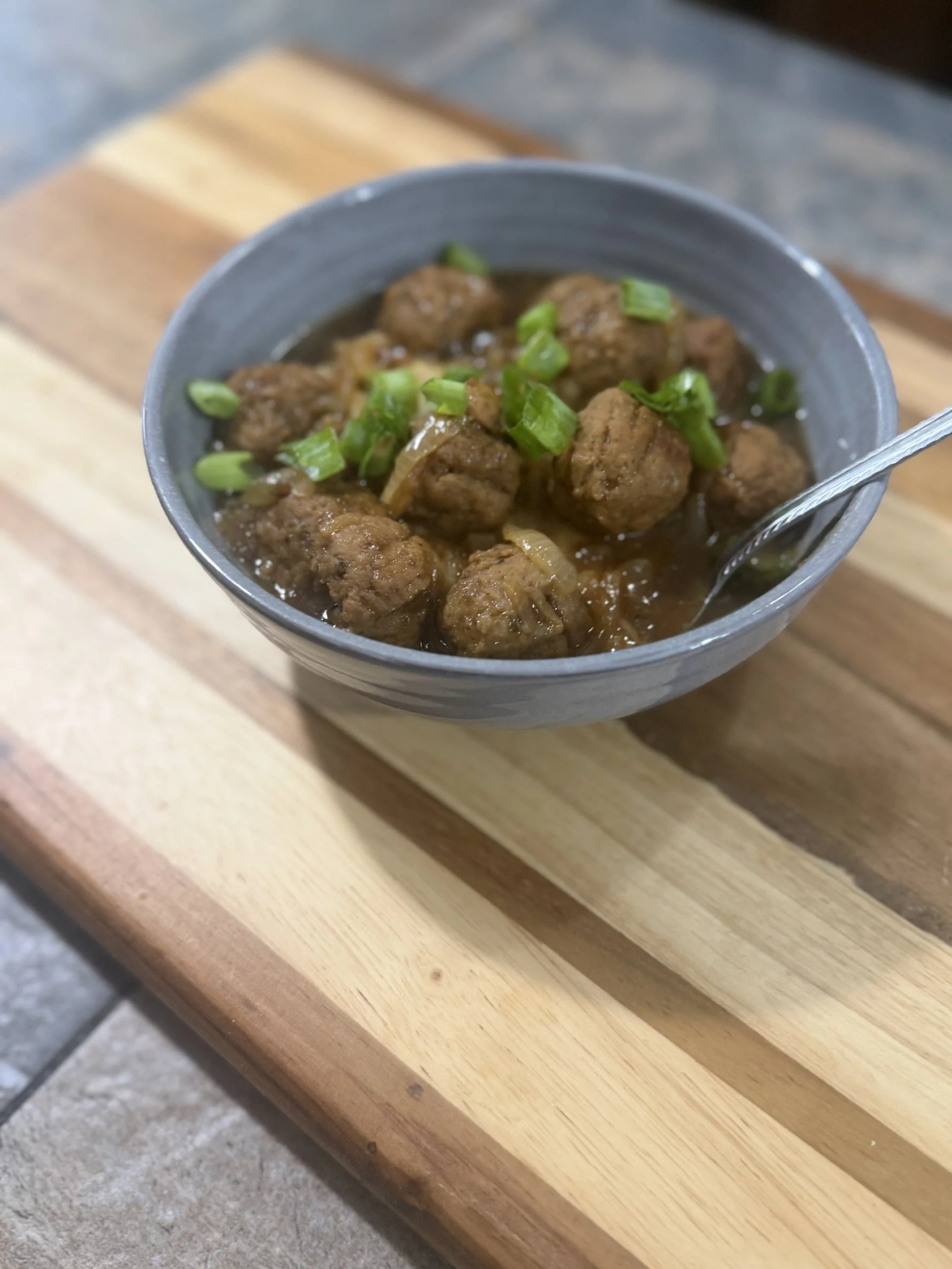 French Onion Meatballs over Shortcut Mashed Potatoes