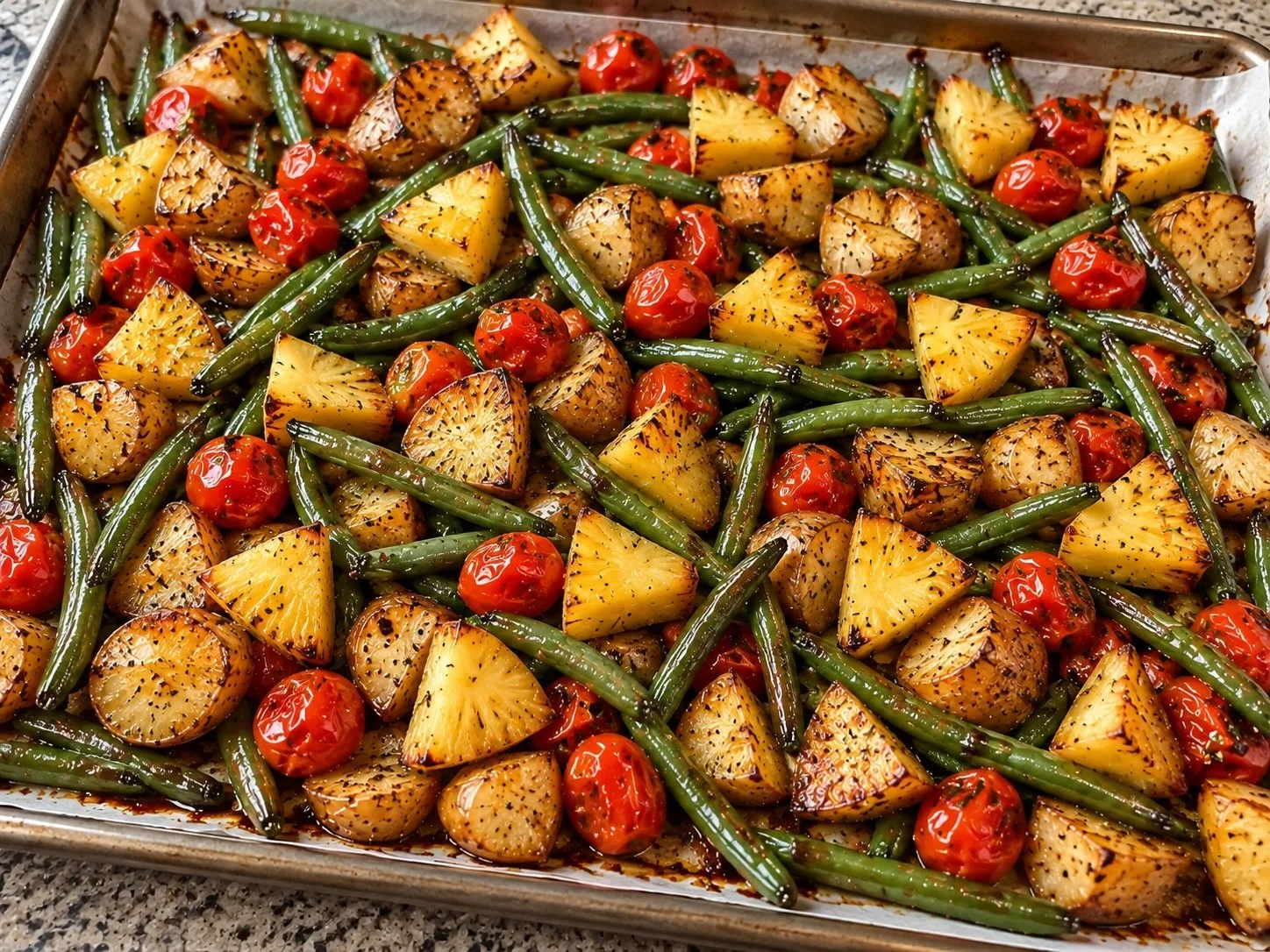 Sheet Pan Teriyaki Chicken, Potatoes, Green Beans, Cherry Tomatoes, and Pineapple