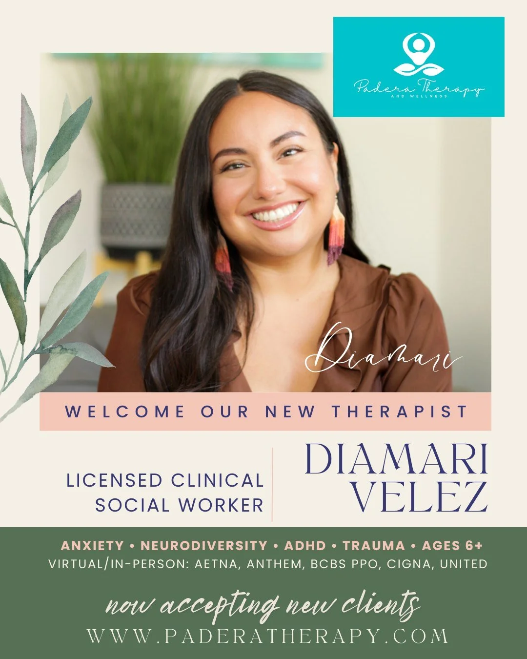 Looking for a new therapist but not sure where to begin? We are fortunate to have Diamari Velez, LCSW joining our Padera Therapy family next week - and she has daytime openings on Mondays and Wednesdays! Diamari is a bilingual Licensed Clinical Socia