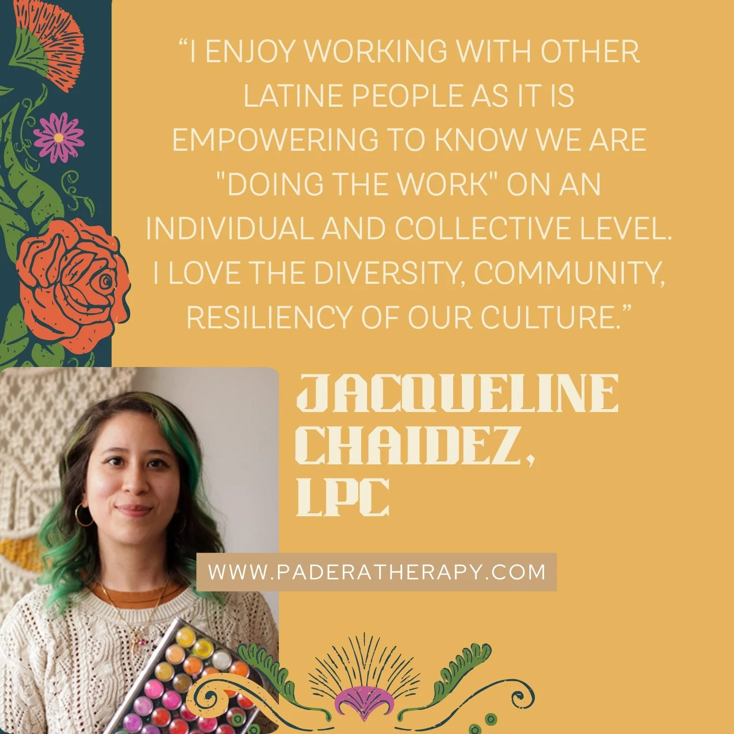 During Hispanic Heritage Month, we're highlighting our incredible Latina providers, as well as the unique needs and challenges of their culture, as it relates to mental health. Today, meet Jacqueline Chaidez, a Licensed Professional Counselor and Art