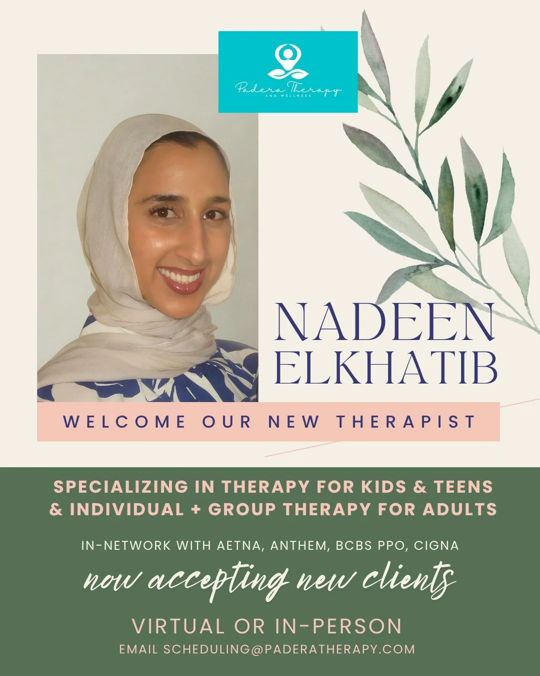 We&rsquo;re so excited to welcome Nadeen Elkhatib to the Padera Therapy team! Nadeen is a warm, funny and collaborative therapist who works with children (ages 5+), teens, and adults. She offers compassionate support for those navigating trauma, PTSD