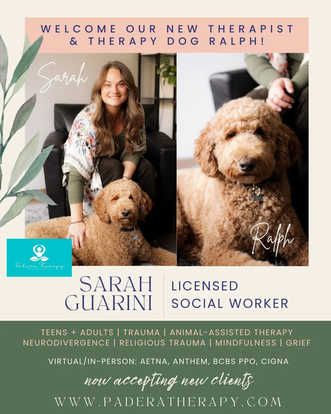 We&rsquo;re so excited to welcome Sarah Guarini, Licensed Social Worker, and her therapy dog Ralph to the Padera Therapy team!

Sarah brings a calm, compassionate presence to her work with teens and adults, helping clients navigate life transitions, 