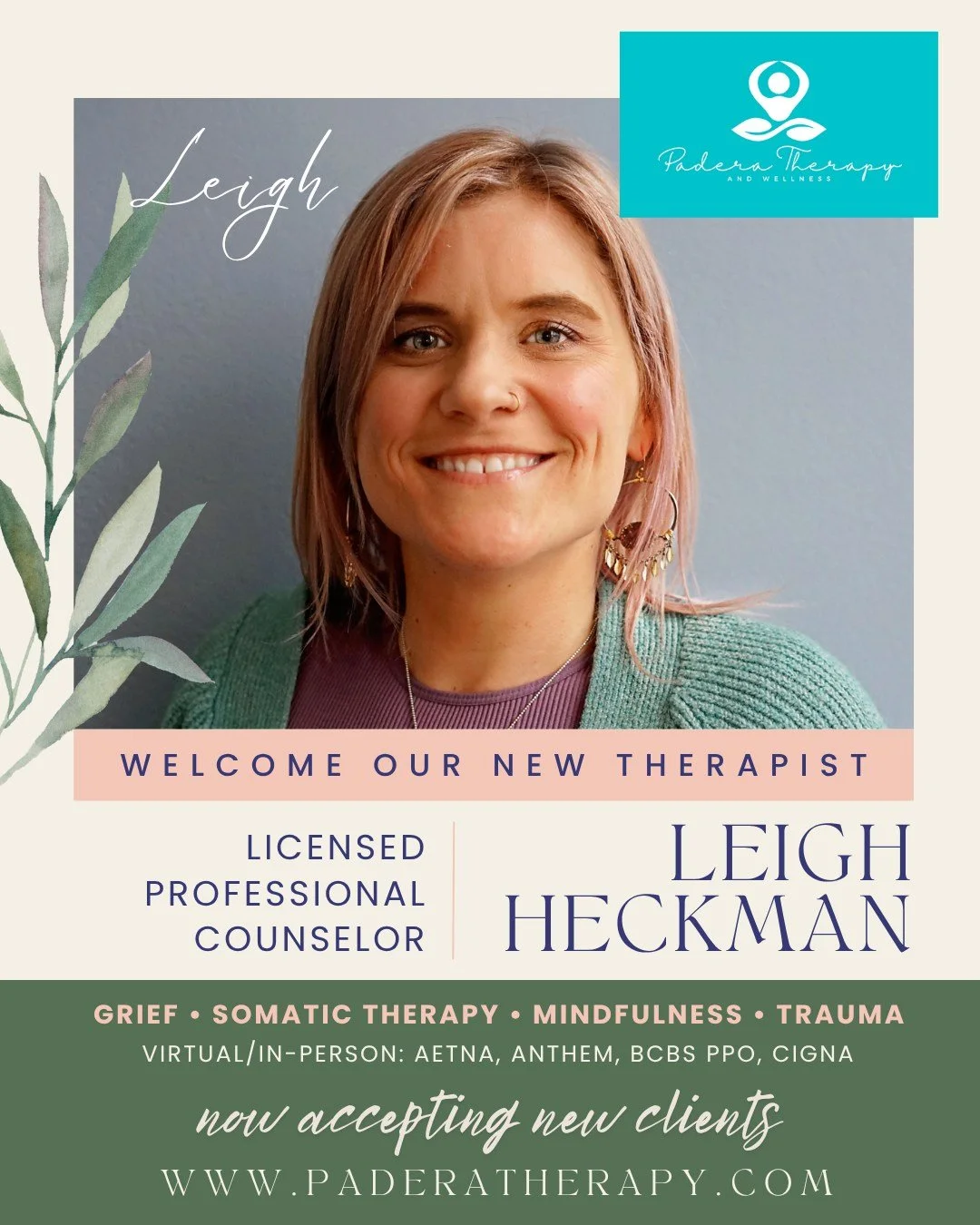 We&rsquo;re delighted to welcome Leigh Heckman, Licensed Professional Counselor, to the Padera Therapy team! Leigh specializes in supporting adults (18+) through grief, burnout, anxiety, trauma, identity issues, stress, women's issues and much more. 