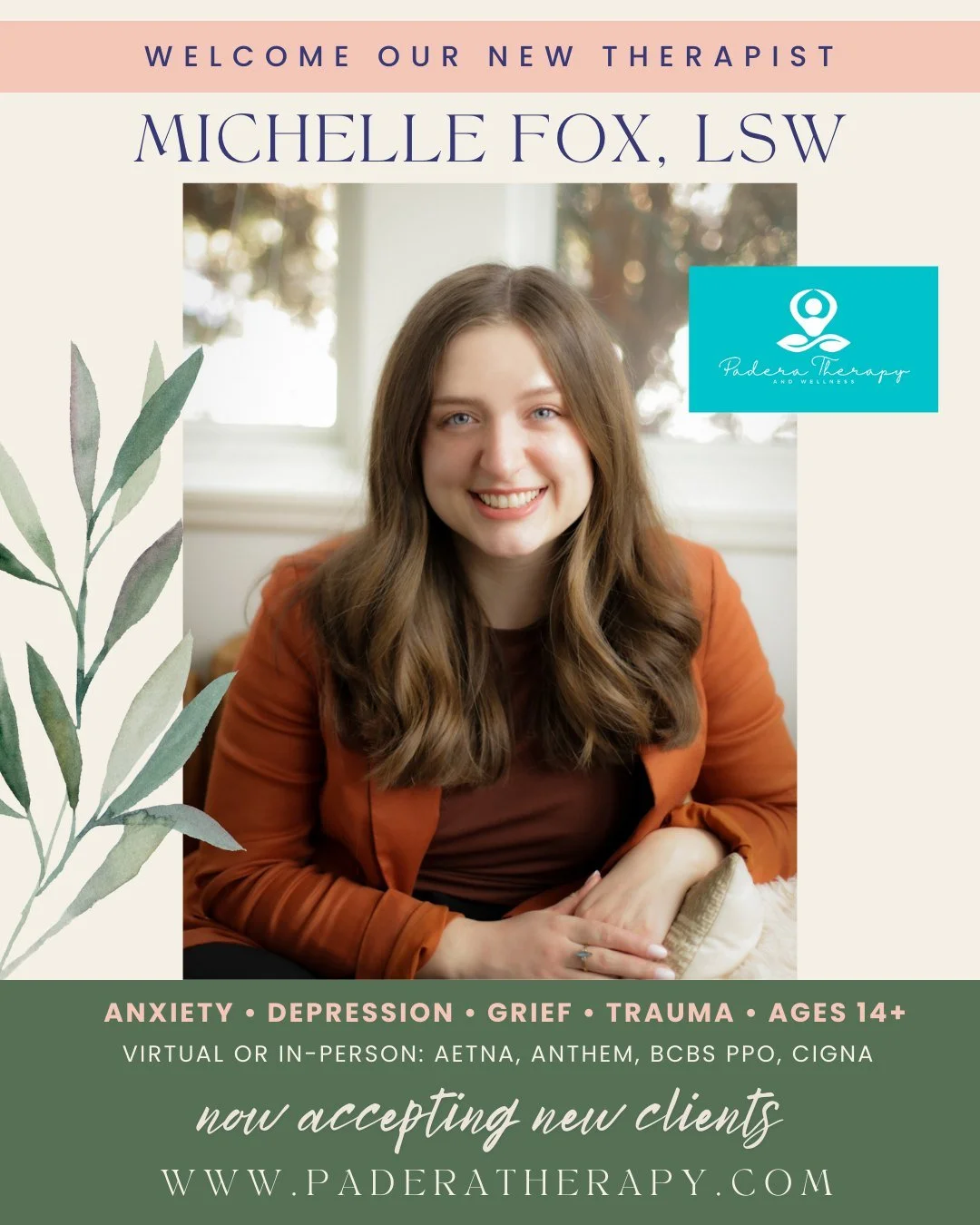 We are thrilled to welcome our new therapist, Michelle Fox! Michelle is a Licensed Social Worker helping high schoolers and adults navigate anxiety, depression, grief, trauma, stress and life transitions. She has virtual or in-person openings startin