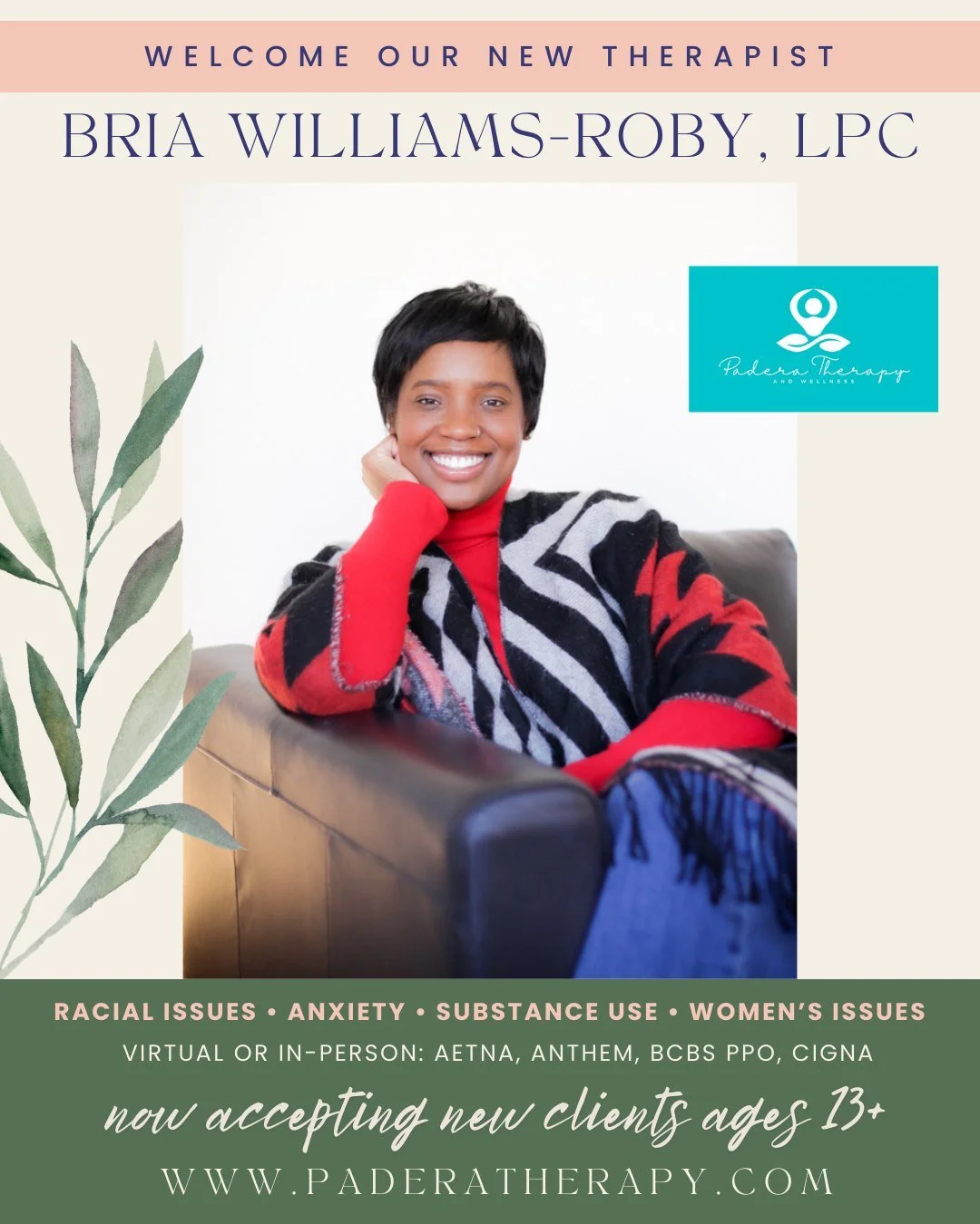 We are thrilled to welcome our new therapist, Bria Williams-Roby! Bria is a Licensed Professional Counselor, working with ages 13+ to navigate racial issues, anxiety, substance use, women's health, trauma, ADHD and much more. 

Bria's approach heavil