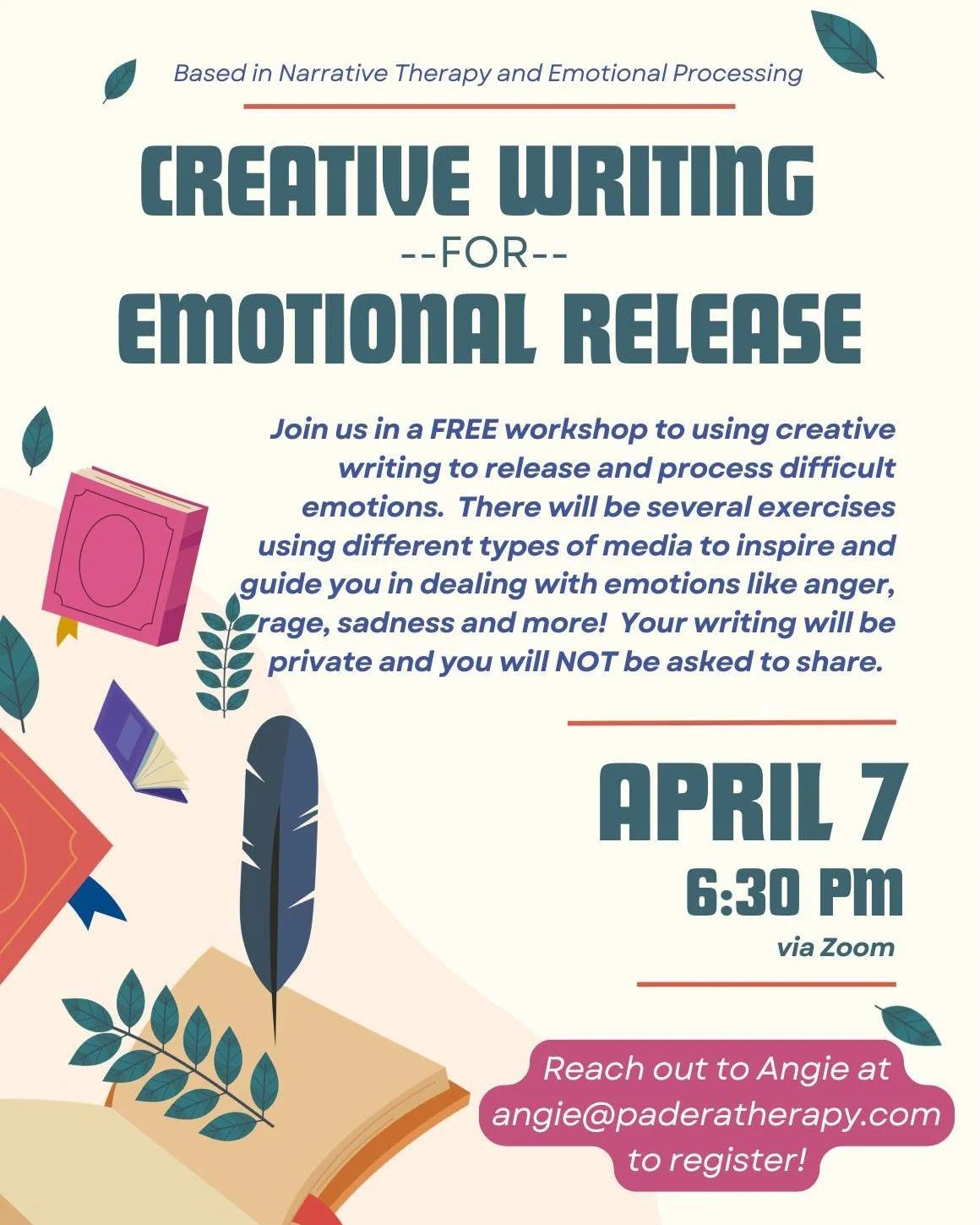 Join the Creative Writing for Emotional Release workshop with Angie Young, LCSW on Tuesday, April 7. Based in Narrative Therapy, Emotional Processing and Somatic Release, you will use prompts such as songs, poetry and art to explore giving a voice to