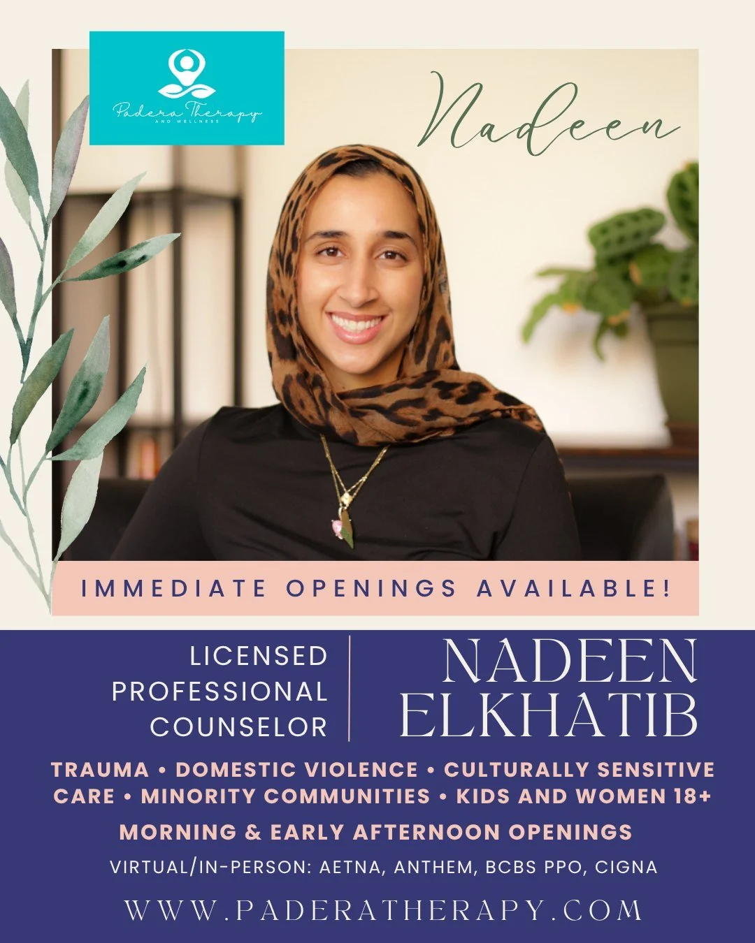 Have flexibility in your daytime schedule and looking to start therapy? Nadeen Elkhatib has immediate openings Monday-Thursday during late morning and early afternoon hours. With a focus on trauma, domestic violence, and culturally sensitive care for
