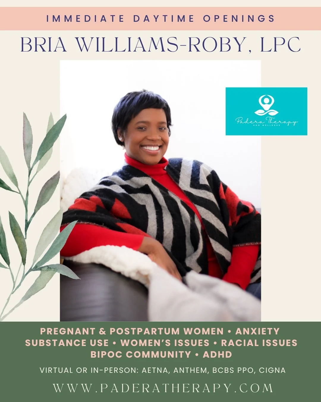 Expecting a baby or newly postpartum? Looking for support with ADHD, trauma, self-esteem or communication in your marriage? Licensed Professional Counselor Bria Williams-Roby has some immediate daytime openings for adult clients or couples! As a doul