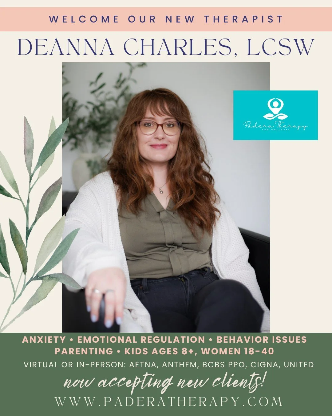 We are excited to introduce our newest therapist to the Padera Therapy team - Deanna Charles, LCSW! Deanna is a fully licensed clinician working with children, teens and women experiencing generalized anxiety, stress, difficulty regulating emotions, 