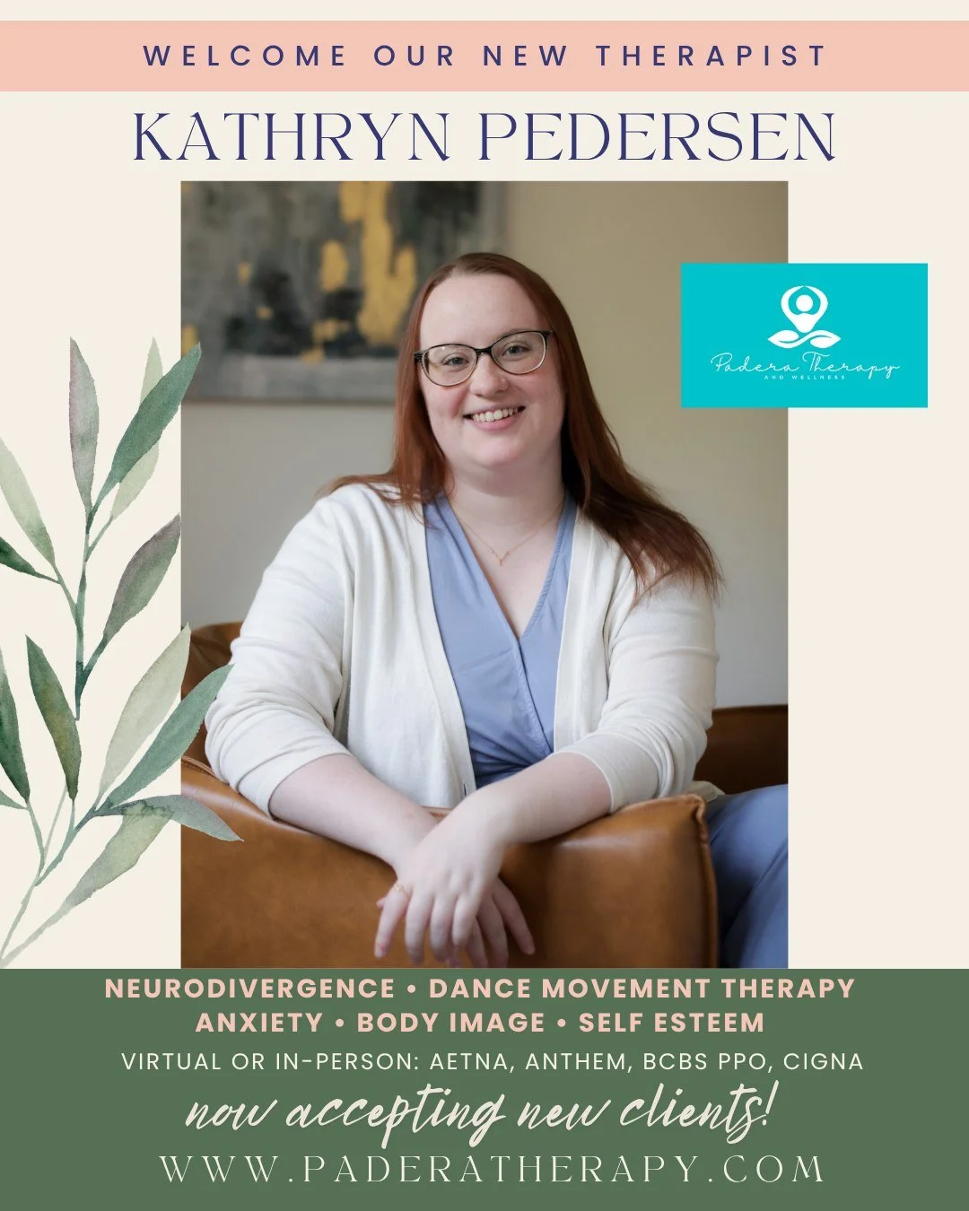 We are excited to introduce Kathryn Pedersen - the newest therapist to join the Padera Therapy team! Kathryn sees clients ages 10 and up, specializing in anxiety, identity issues, self-esteem, neurodivergence, body image concerns and Dance Movement T
