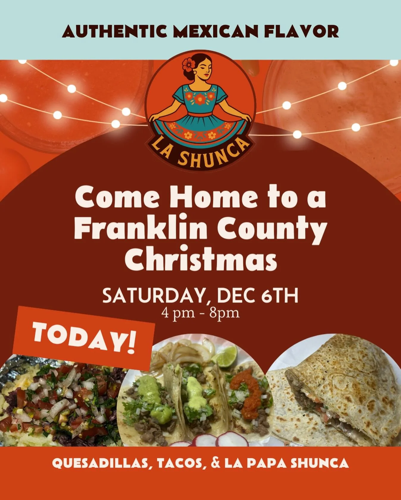 TODAY! If you&rsquo;re looking for some wholesome wintertime fun, check out Come Home to a Franklin County Christmas in Downtown Rocky Mount. @eatlashunca will be set up to serve authentic Mexican flavors and specialties.

Menu highlights:
- La Papa 