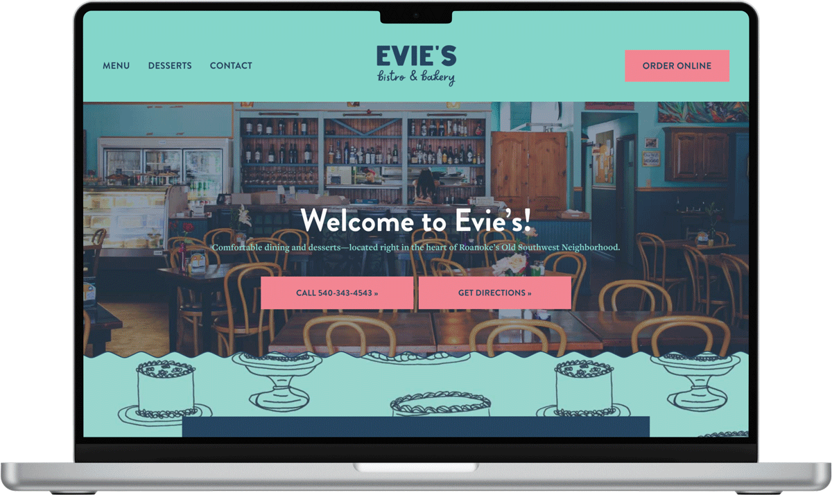 Homepage of Evie's Bistro & Bakery website on a laptop screen showing a cozy restaurant interior, menu options, and online order button.