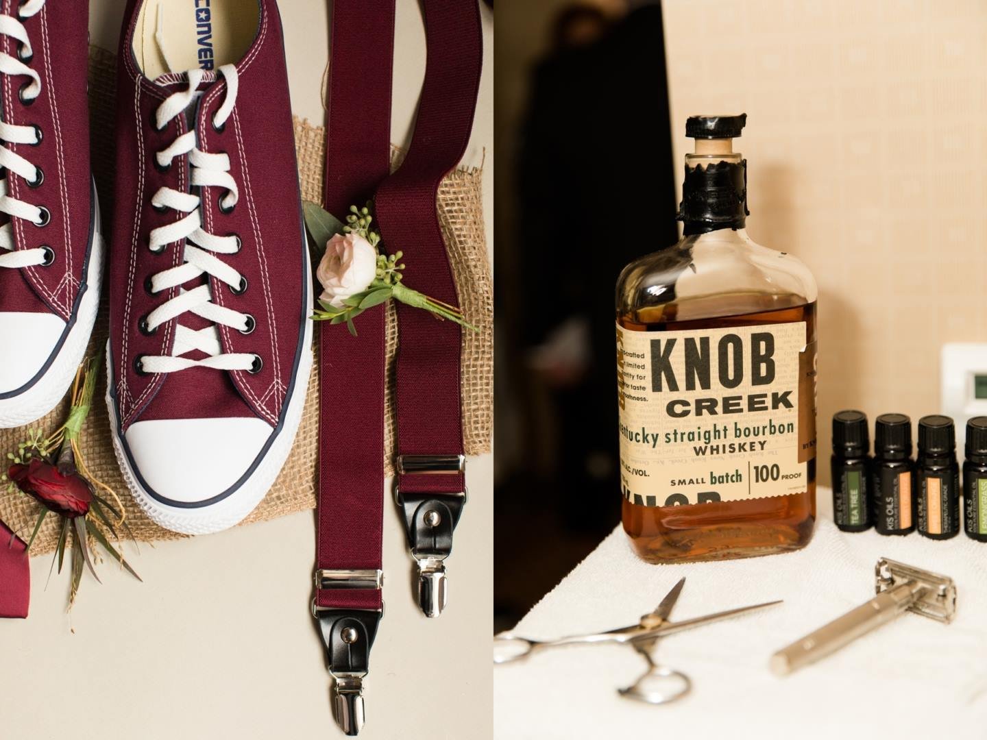 Pair of maroon sneakers and suspenders on a burlap surface with a small rose, next to a bottle of Knob Creek bourbon, essential oil bottles, scissors, and a razor on a towel.