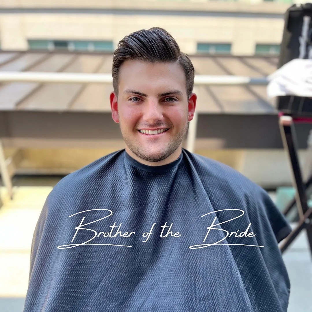 Smiling man in a stylist cape with "Brother of the Bride" text overlay.