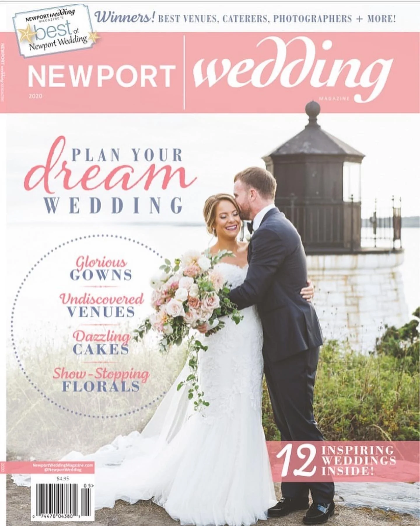 Cover of Newport Wedding Magazine featuring a bride and groom embracing near a lighthouse, promoting wedding planning, gowns, venues, cakes, and florals.