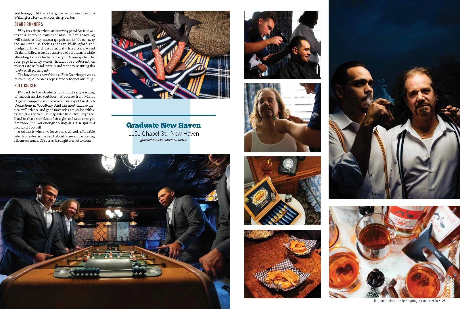 Collage of activities at Graduate New Haven, featuring grooming, cigars, a game of foosball, drinks with a Graduate hotel tag, and food.