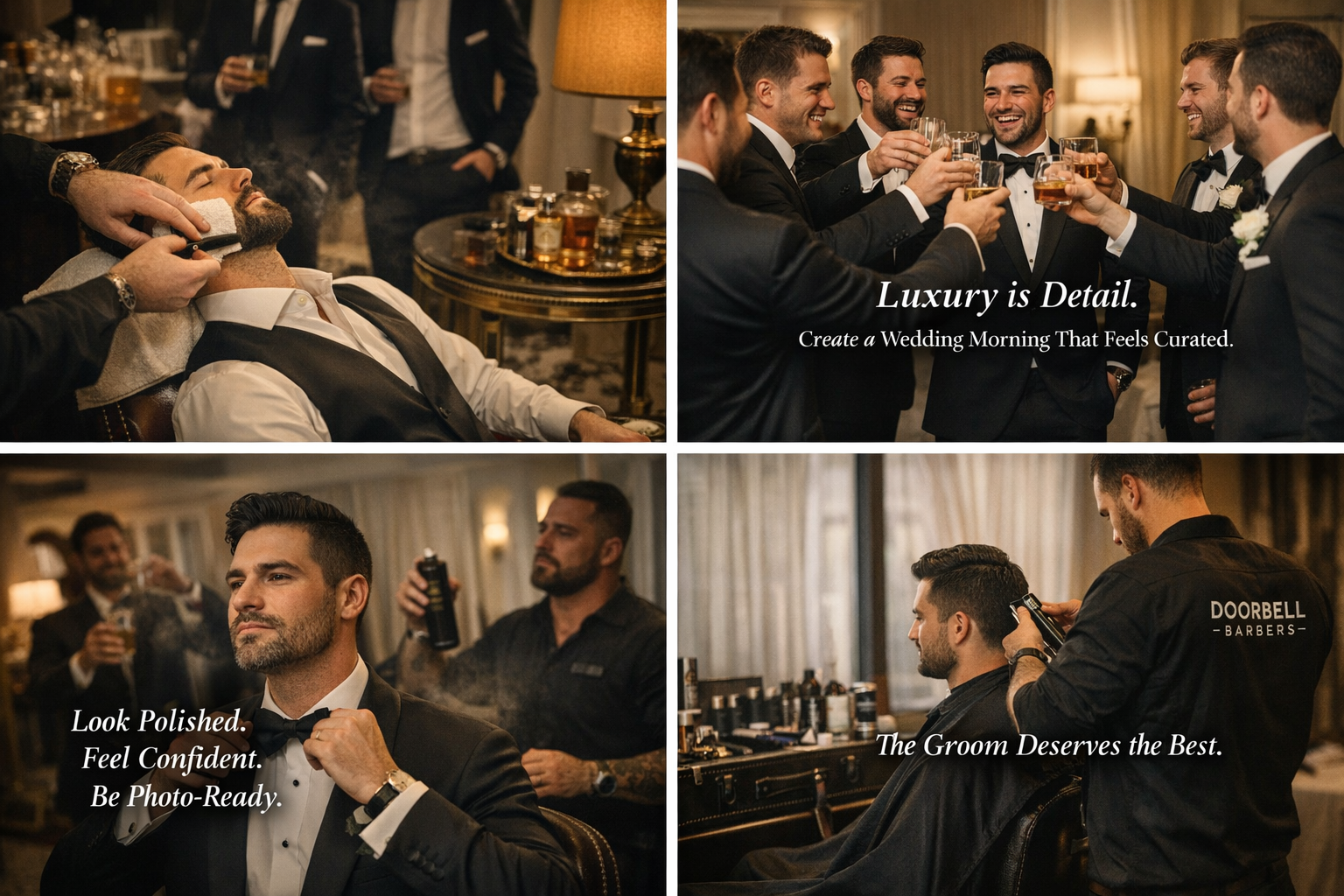 Luxury wedding grooming service with a straight razor shave for the groom in a hotel suite in Connecticut.