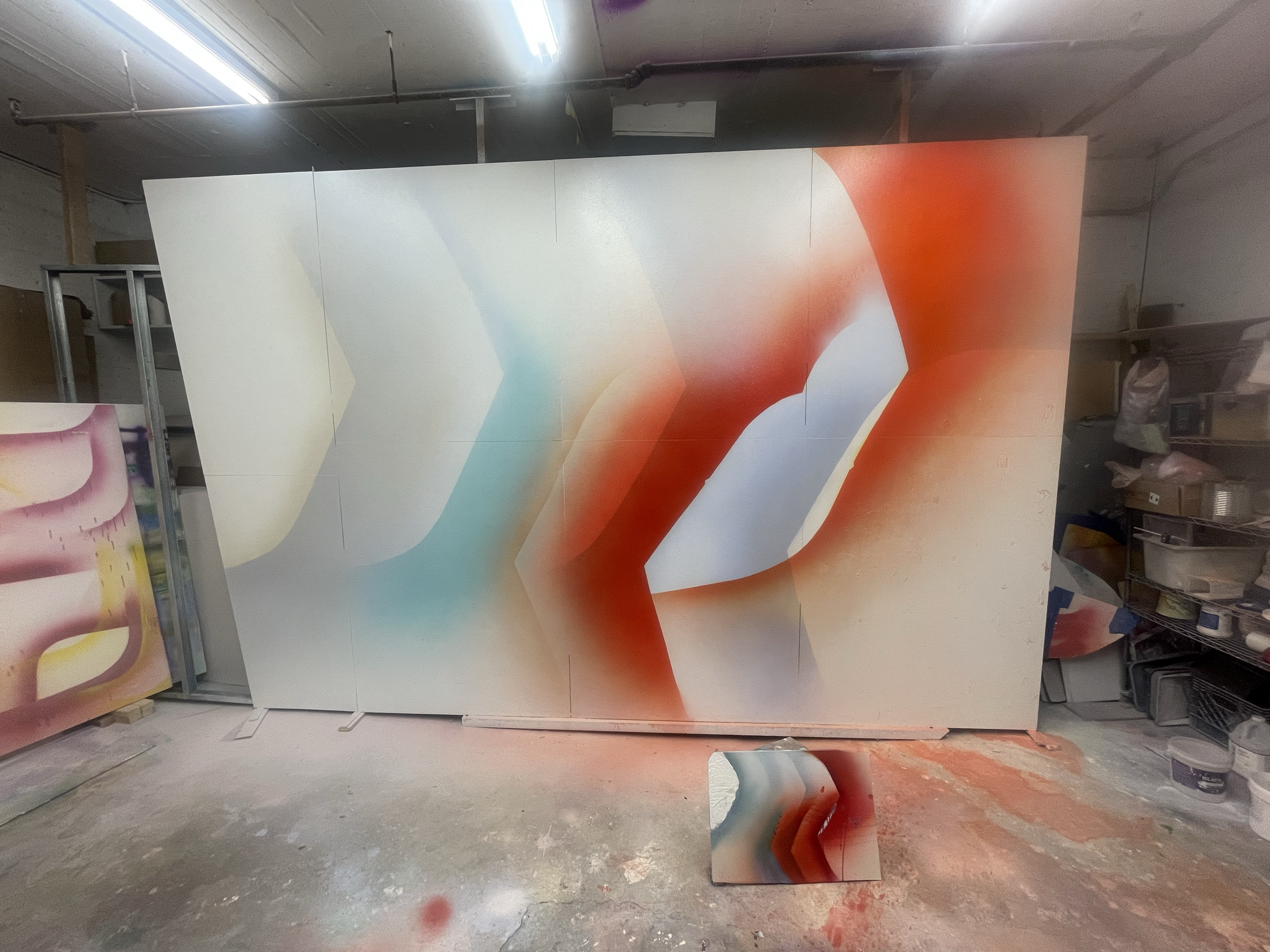 2025, Painting 3 (Portrait, Translation, Interpretation), 10 x 15 feet, acrylic on aluminum (studio view; commissioned for permanent installation at the U.S. Consulate, Erbil, Iraq)