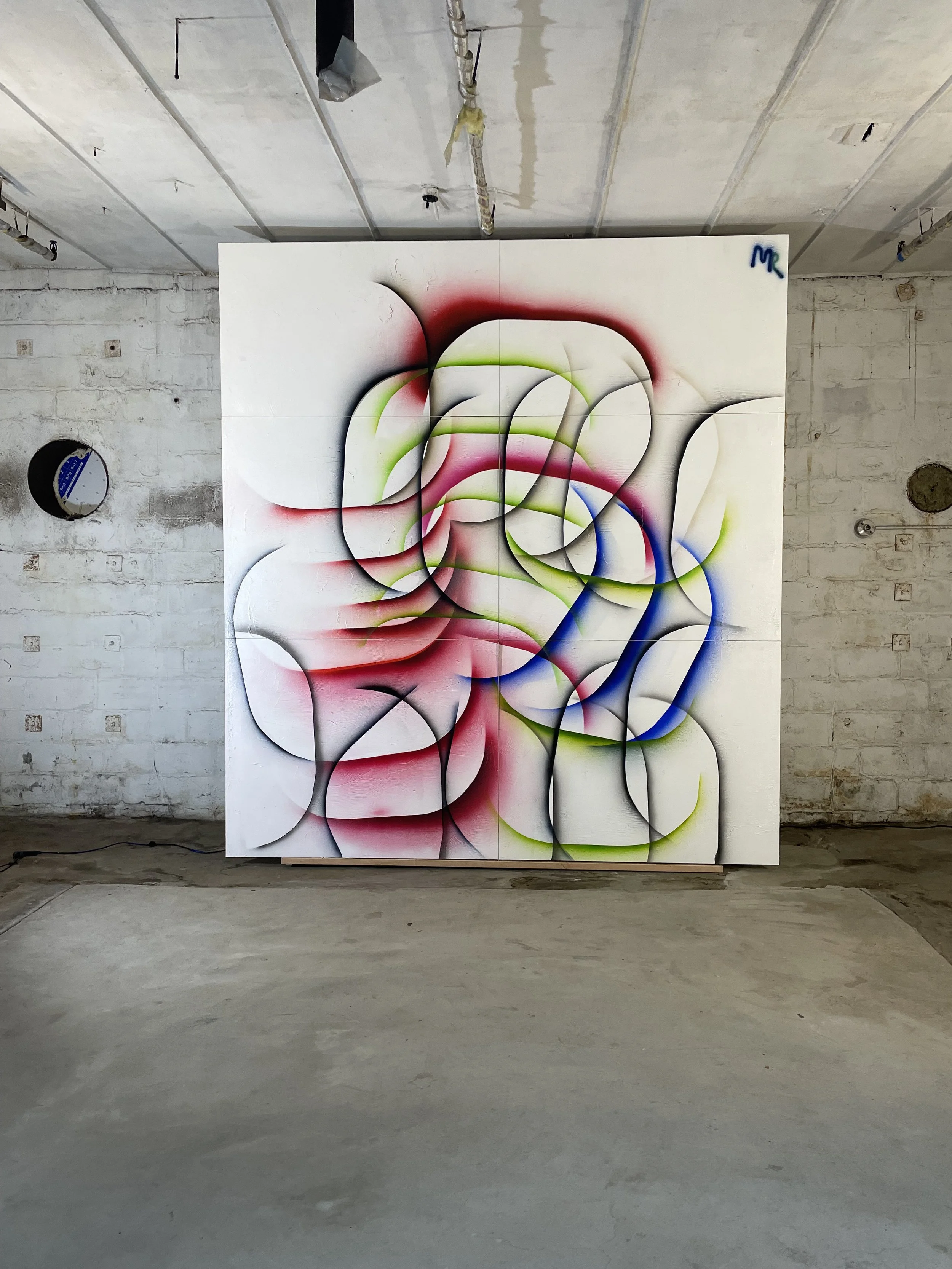 2025, Painting 1 (Portrait, Translation, Interpretation), 11 x 12 feet, acrylic on aluminum (studio view; commissioned for permanent installation at the U.S. Consulate, Erbil, Iraq)
