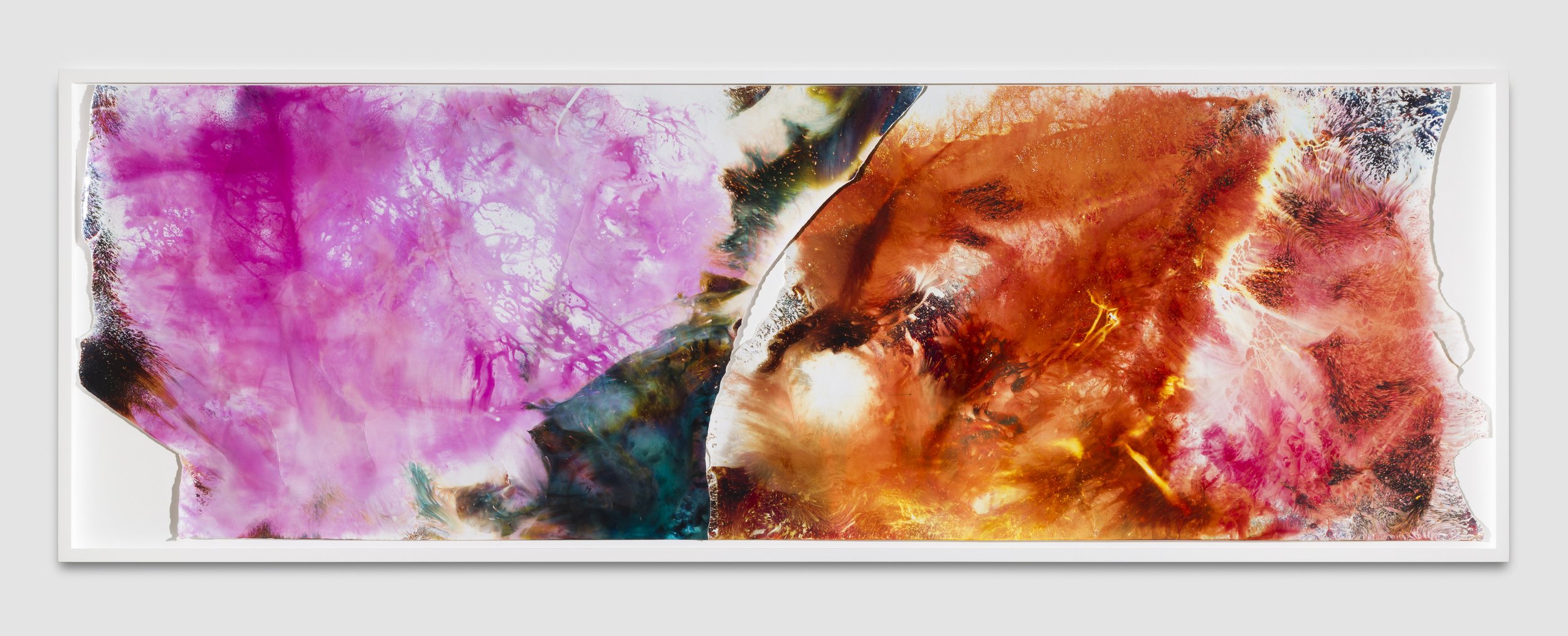  
"100 & 123" 2015-2022
 Chemical treatment on RA-4 paper in frame
 92 x 30 inches
 (233.7 x 76.2 cm)
 Book of Details, Van Doren Waxter, New York, NY, Mariah Robertson, photography, art  
