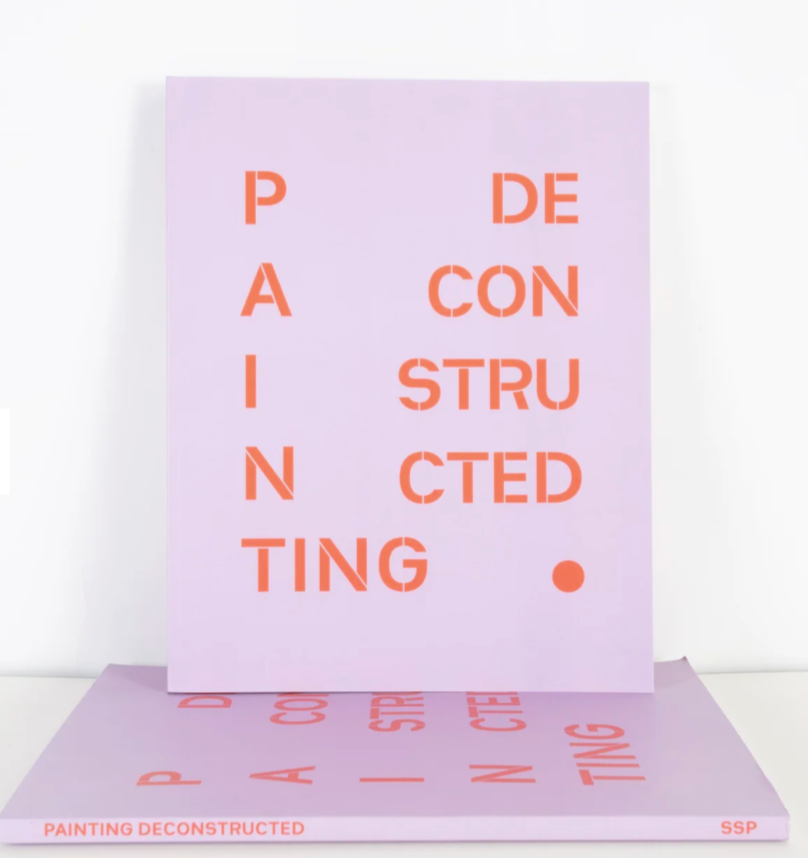 An art piece with the phrase 'PAINTING DECONSTRUCTED' in cut-out red letters on a light purple background. The words are arranged in a vertical line, with some letters separated, and a red dot at the end.