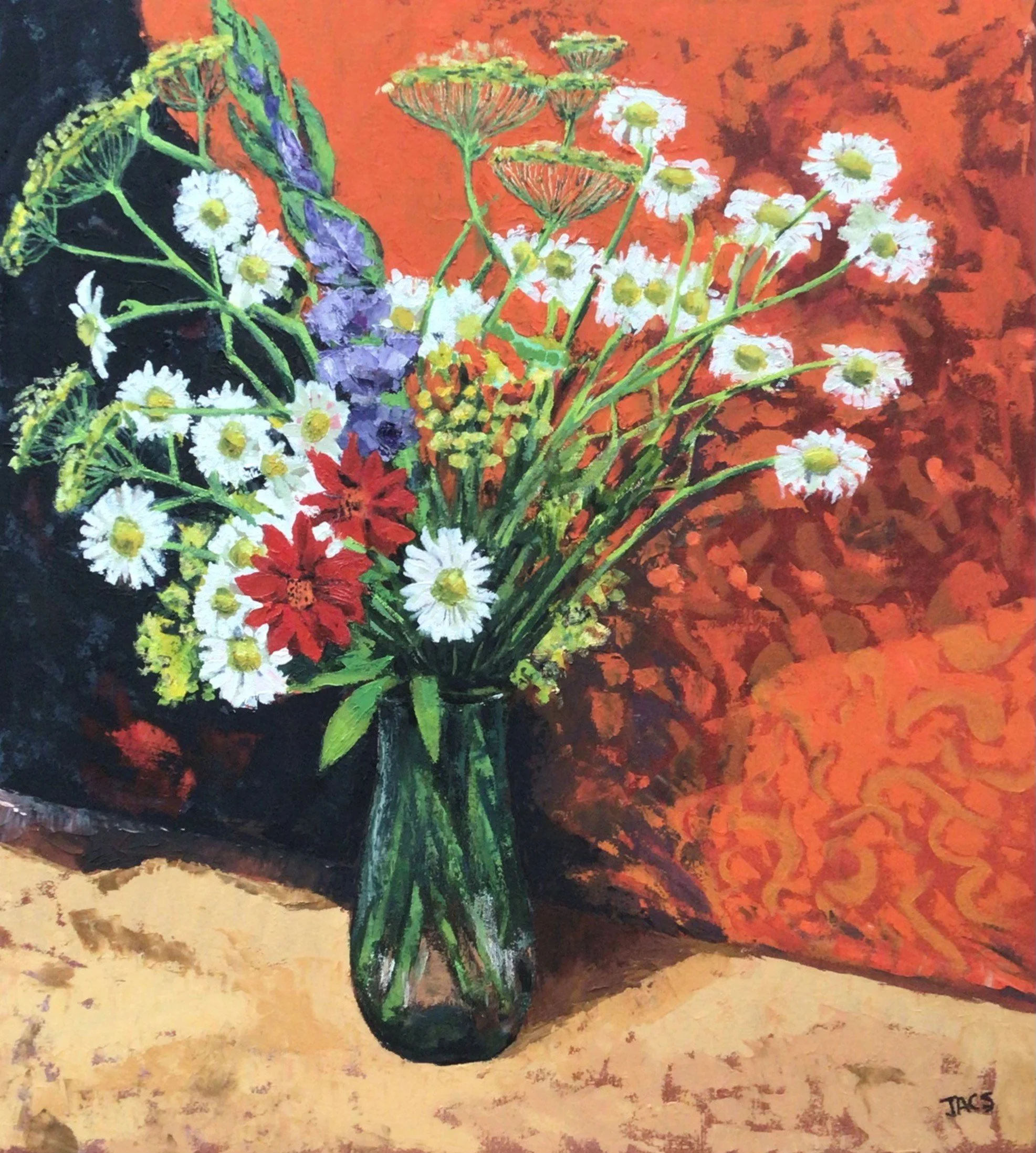  Daisies and Red Dahlias 
 69cm x 76cm 
  Oil 
