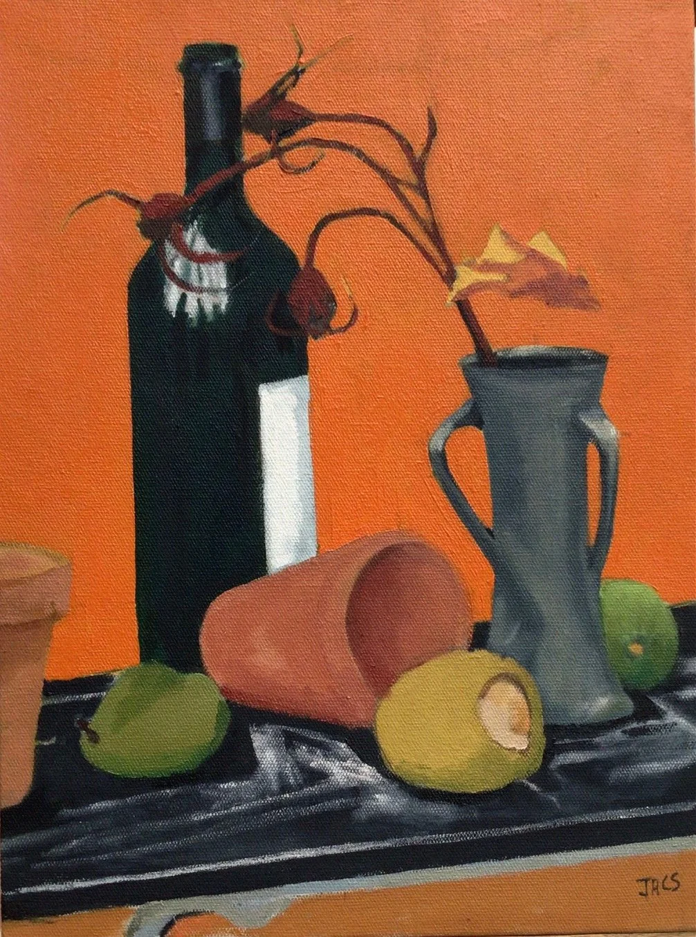  Vase, Bottle, Hips and Fruit 
 Oil on Canvas 