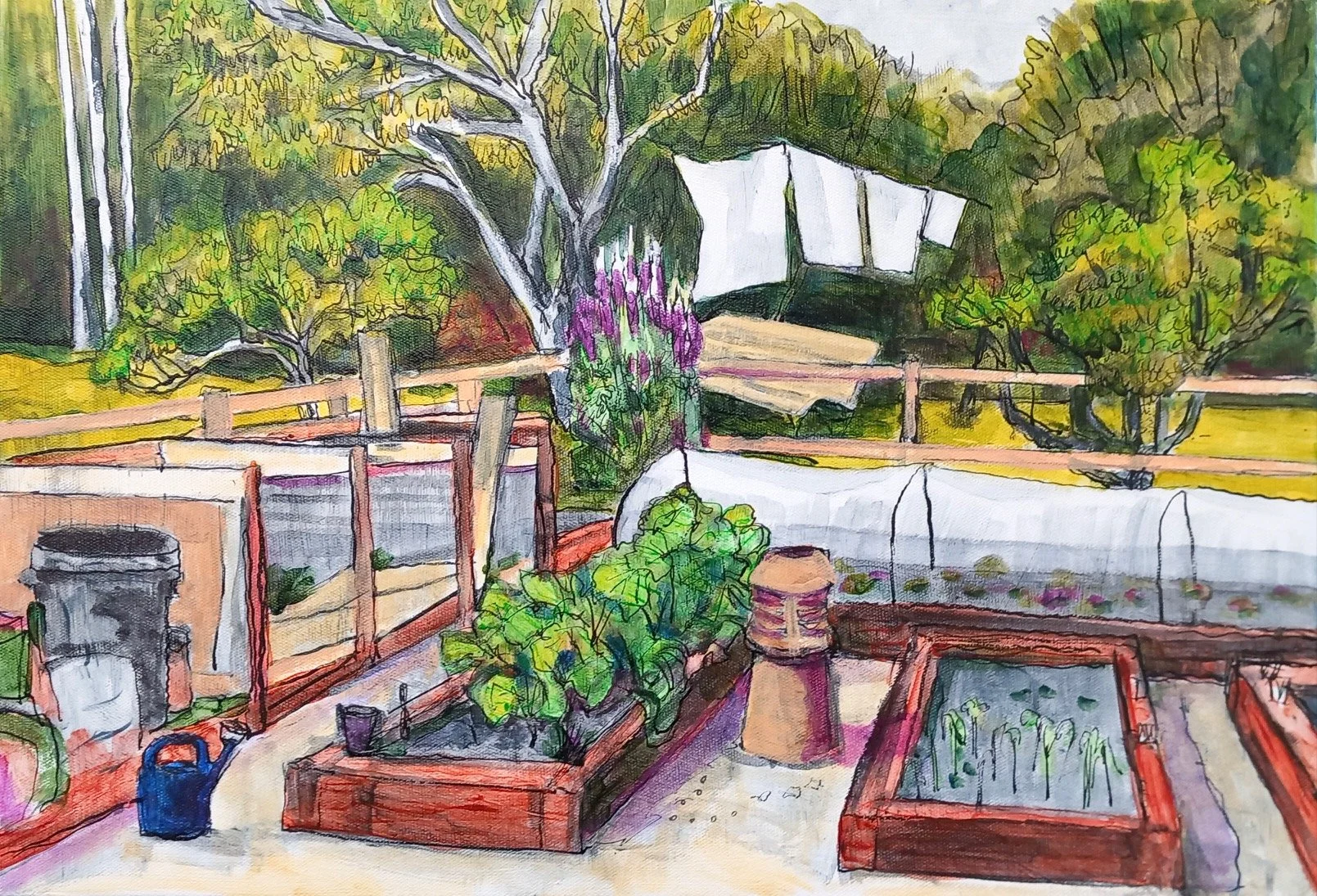  Kitchen Garden 
 39 cm x 56 cm 
  Acrylic Glaze & Ink on Canvas  