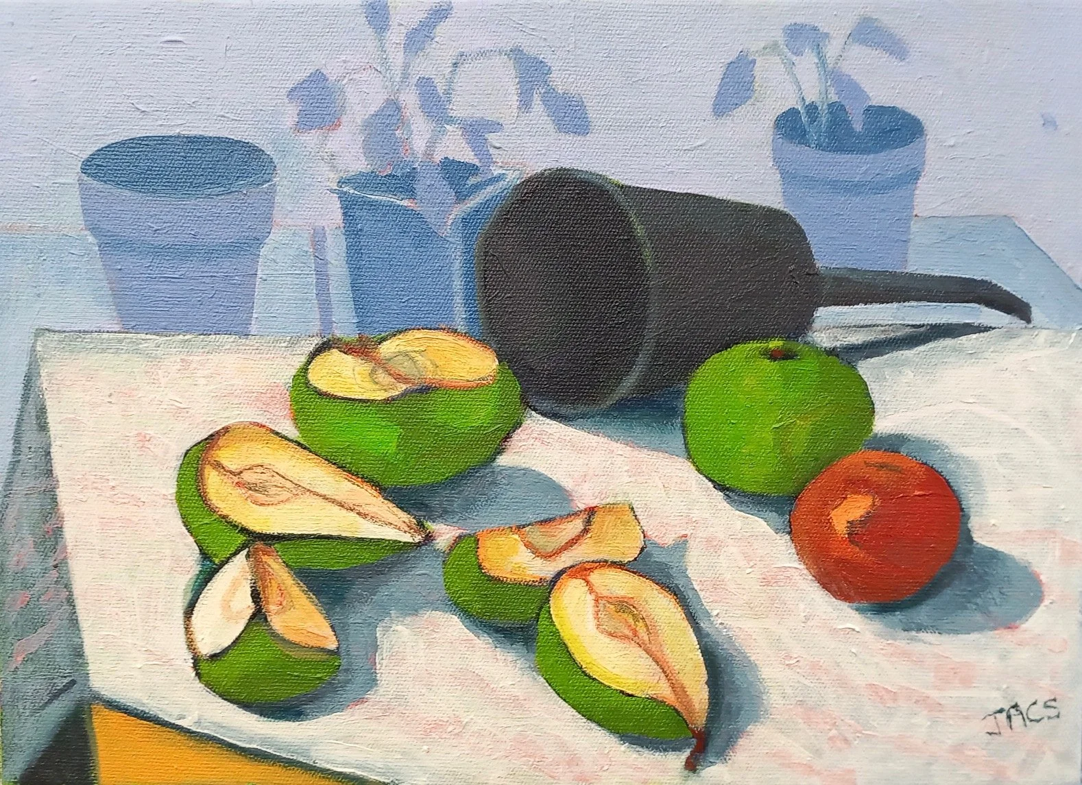  Apples and Pears in the Grey 
 28 cm x 39 cm 
 Oil on Canvas  