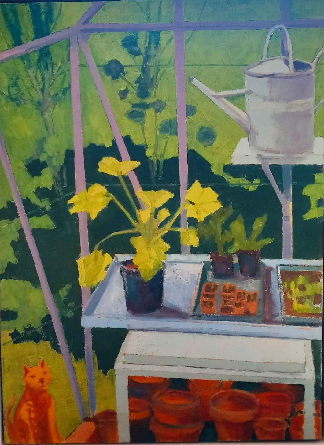  Greenhouse with Ginger Tom 
 31 cm x 42 cm 
 Oil on Canvas  