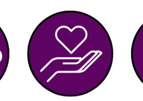 A hand holding a heart symbol, all within a purple circle.