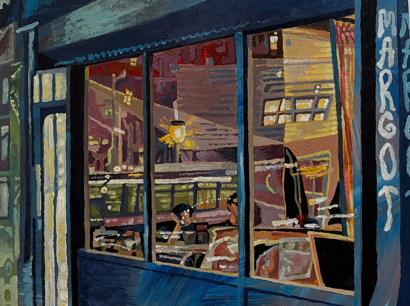 We stumbled upon this painting of Margot by the very talented @charlieliketheriver, and it completely made our day. Thank you for capturing our restaurant in such a beautiful light.
Charlie Hudson
“Margot Reflections”, 2025
9x12” A