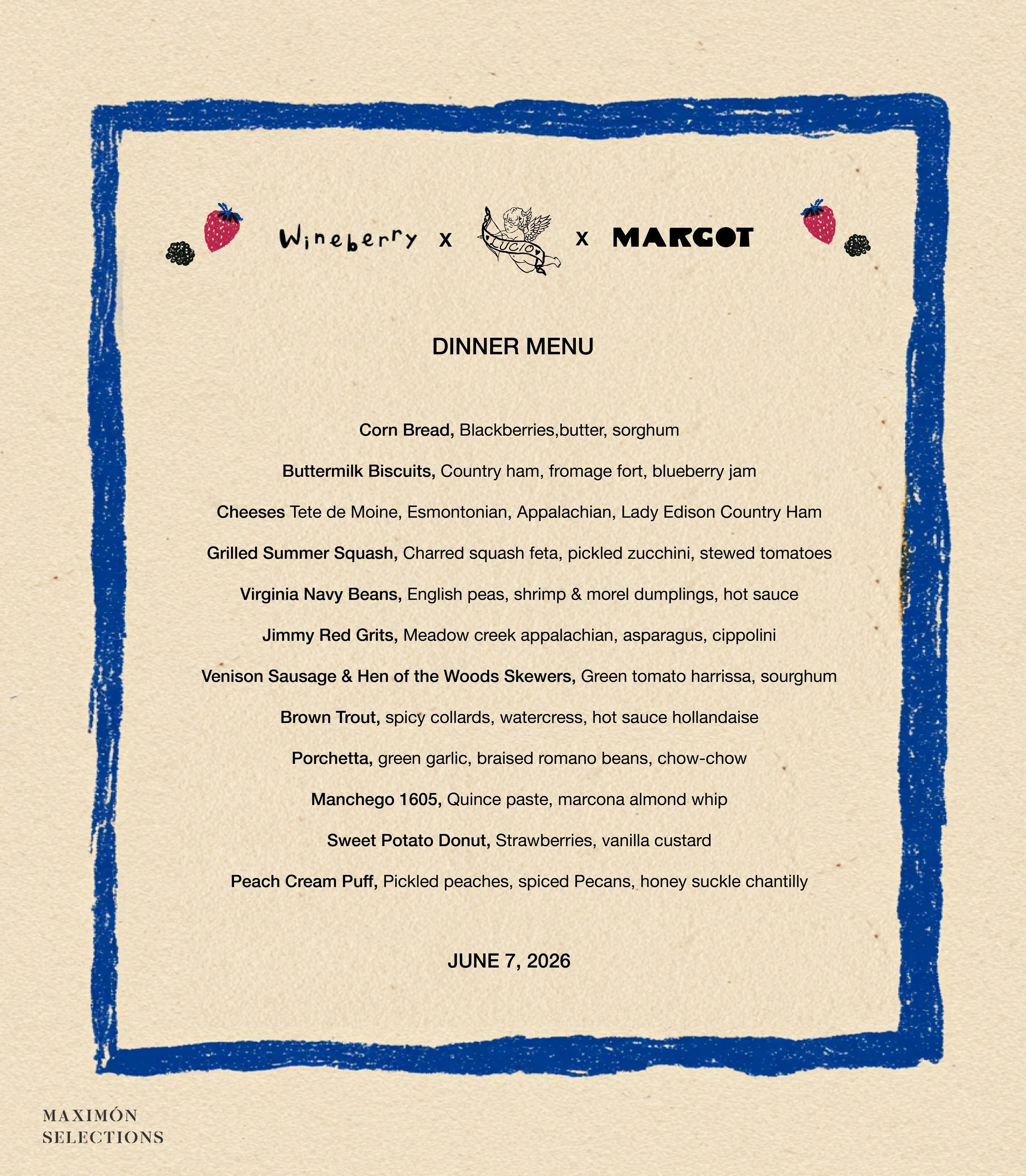 Tomorrow night!!!!!! Wineberry takes over Margot for one evening only, 5&ndash;10PM, alongside friends Lucio and Maxim&oacute;n Selections. Appalachian inspired food, mountain cheeses, and Virginia wines.

Wineberry is an ingredient driven pop-up ins