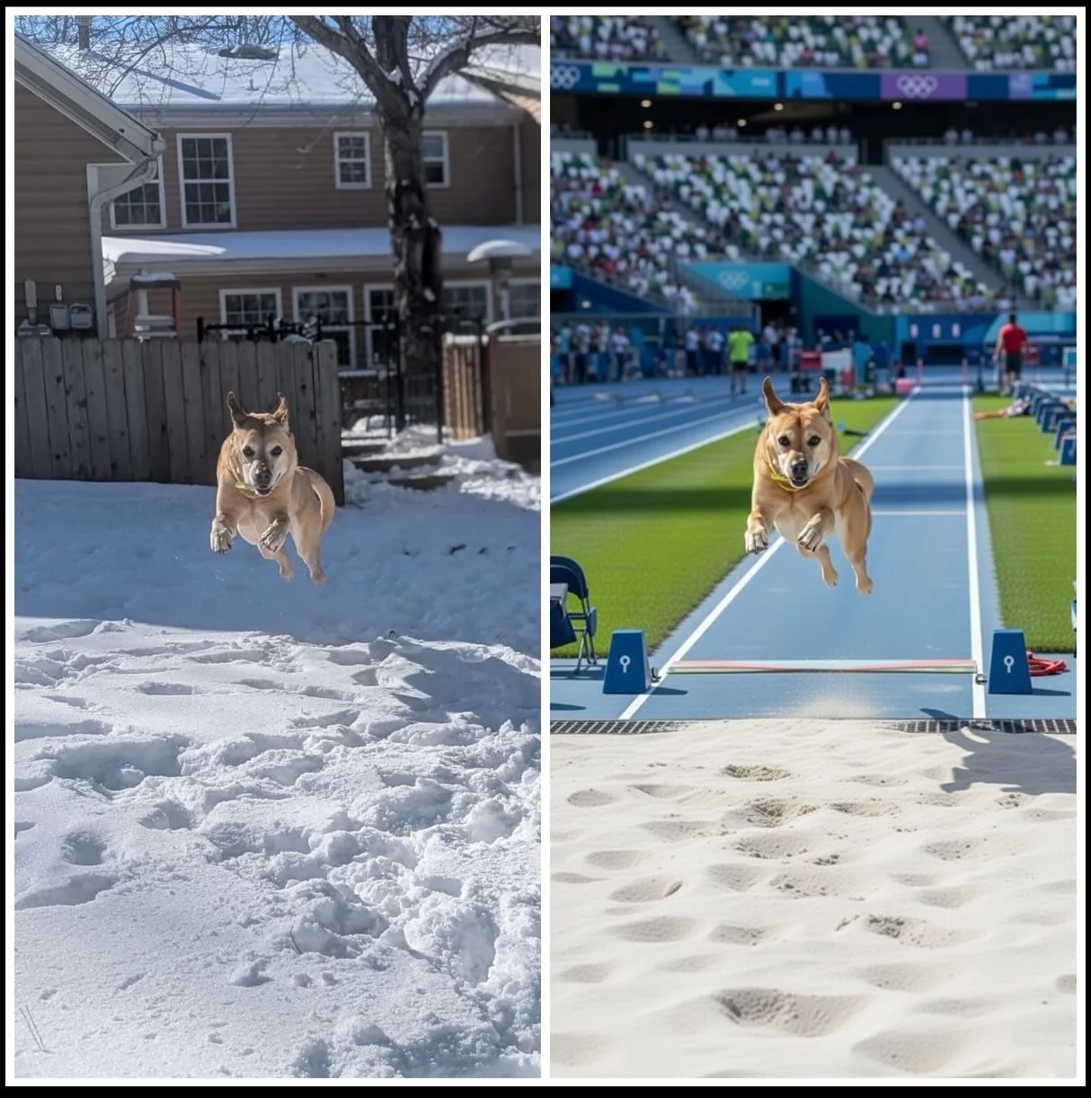 We are OPEN today - normal hours 7am to 6pm. We have lots of dogs to wear out!

Enjoy this great pic we took of Abel yesterday on the left / and the AI on the right - Long Jump Champ!!!

⚠️ CAUTION ⛔️: Parking lot/driveway is still melting so come at