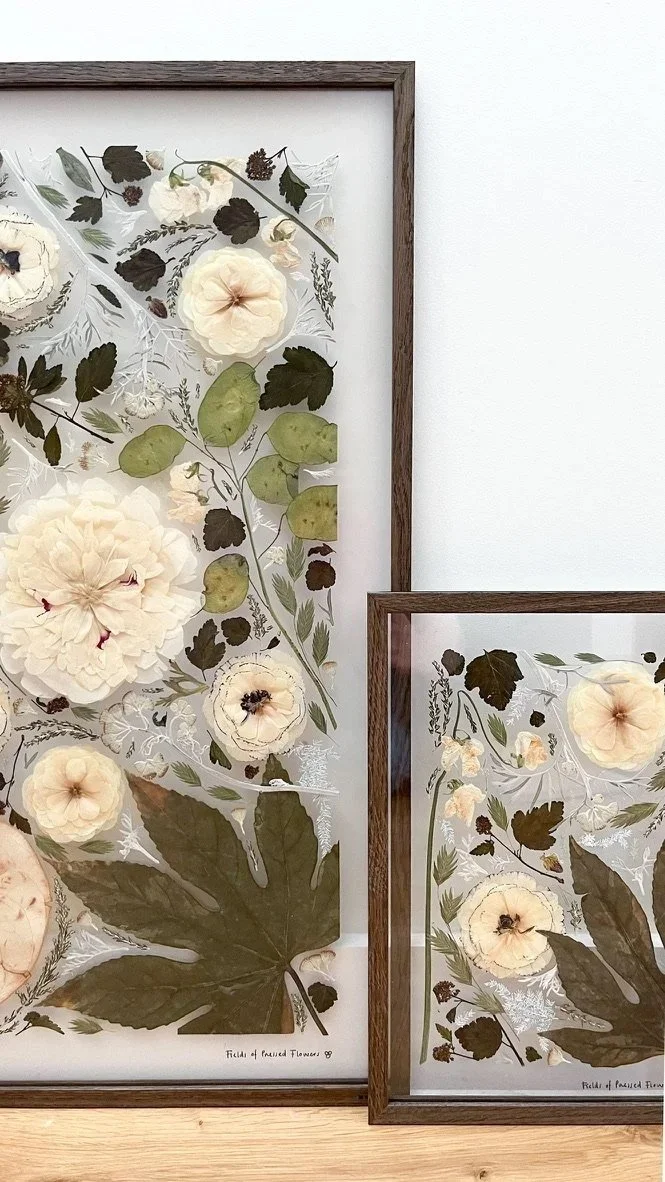 Two of Lucy's frames photographed close up beside one another. Both are wooden frames with pressed flowers displayed inside.