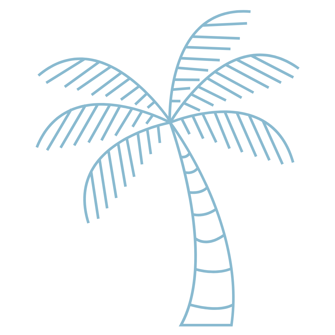 Line drawing of a palm tree with a curved trunk and five large leaves against a black background.